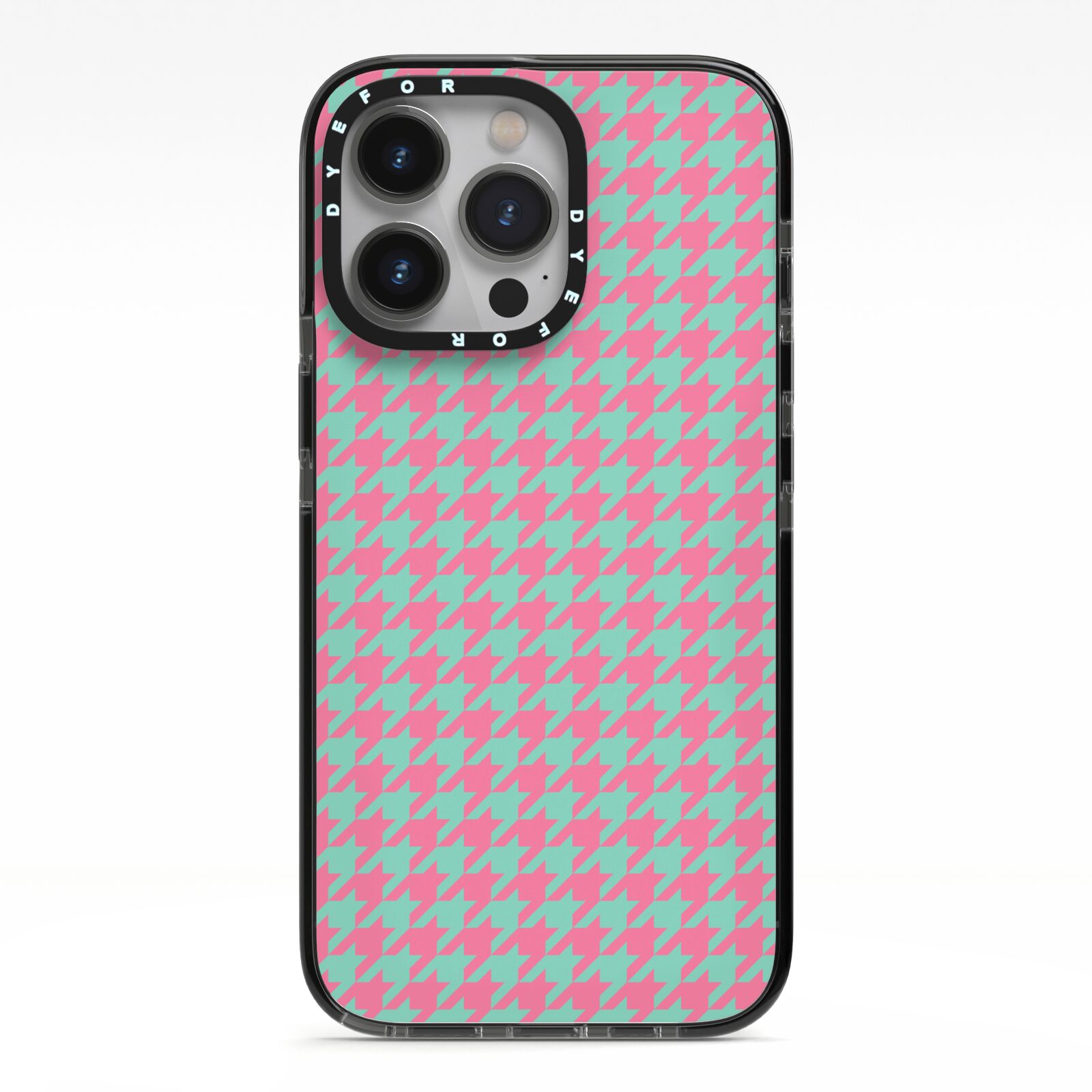 Pink Houndstooth iPhone 13 Pro Black Impact Case on Silver phone