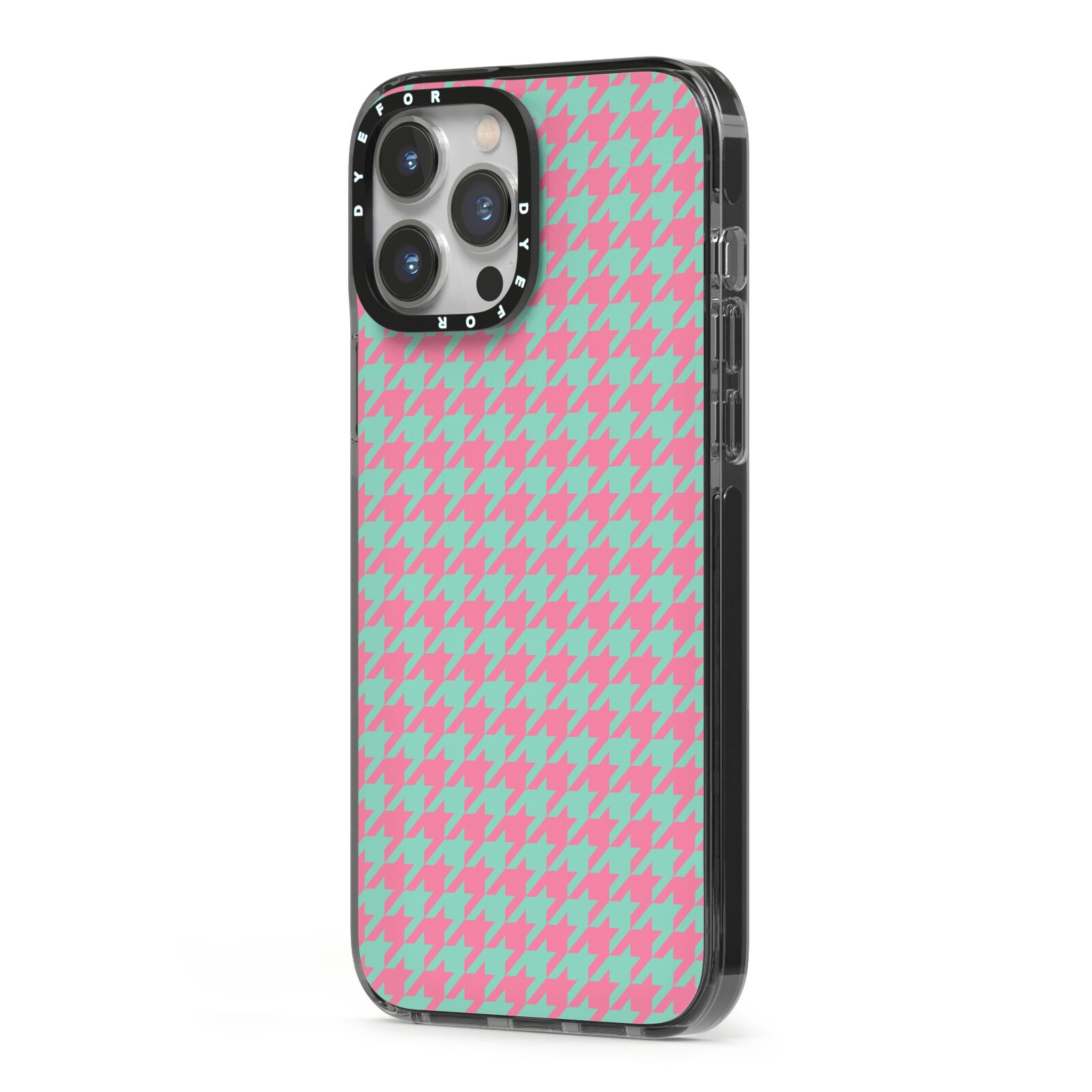 Pink Houndstooth iPhone 13 Pro Max Black Impact Case Side Angle on Silver phone