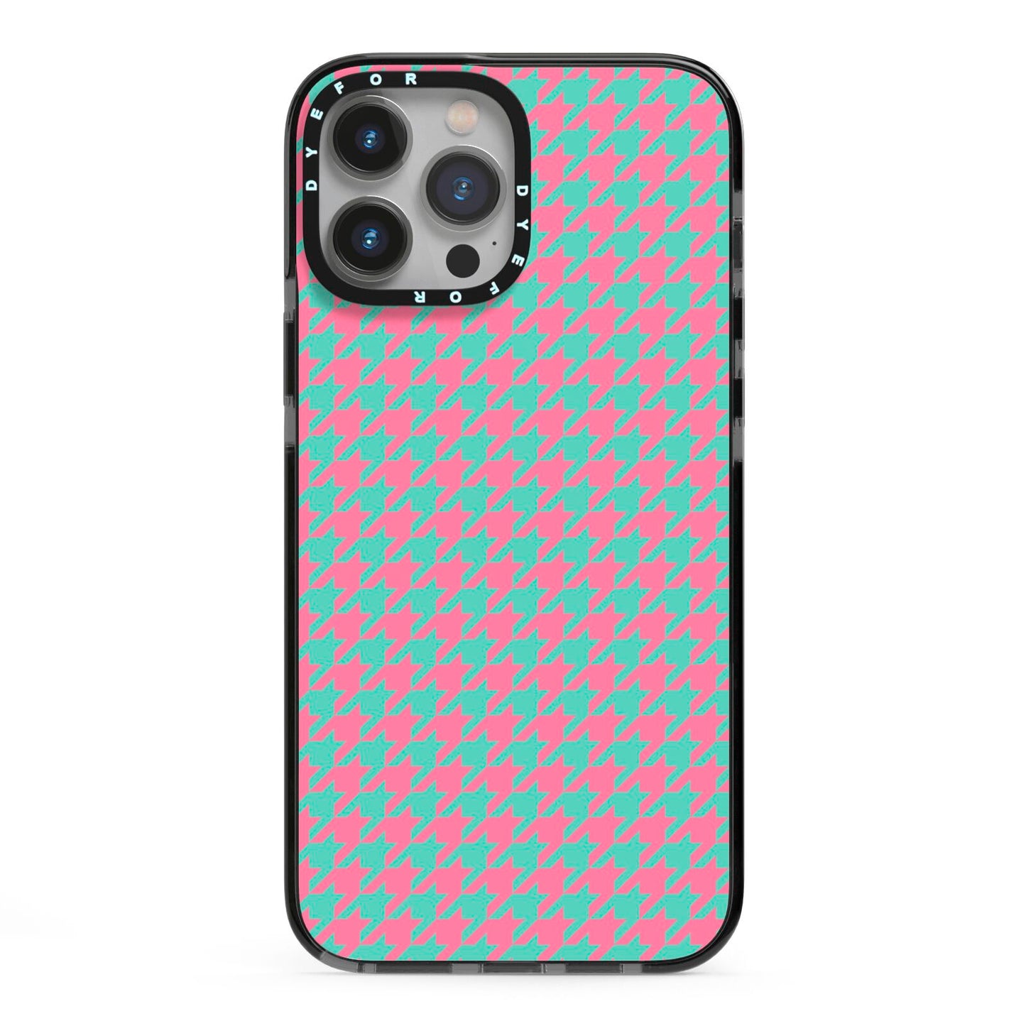 Pink Houndstooth iPhone 13 Pro Max Black Impact Case on Silver phone