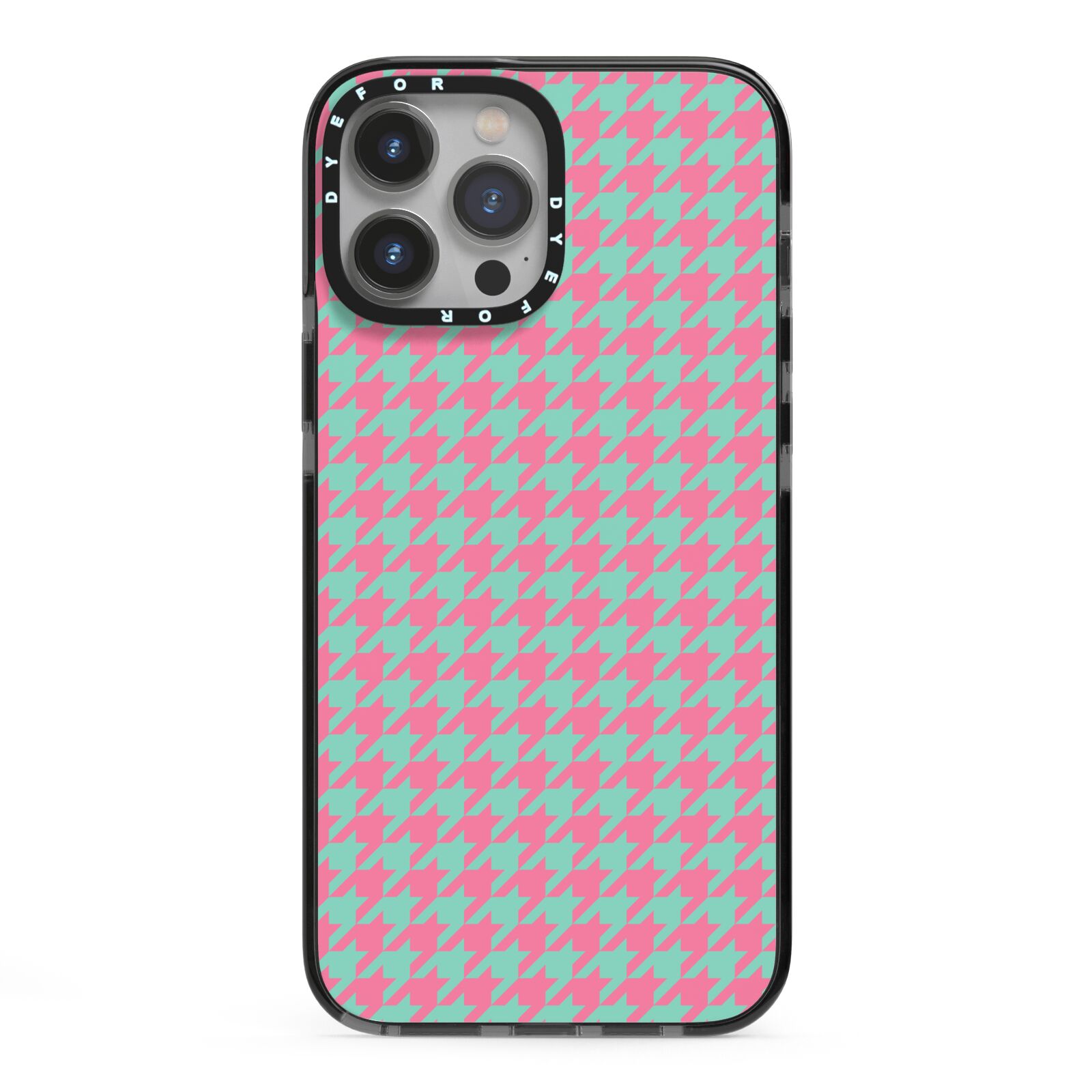 Pink Houndstooth iPhone 13 Pro Max Black Impact Case on Silver phone