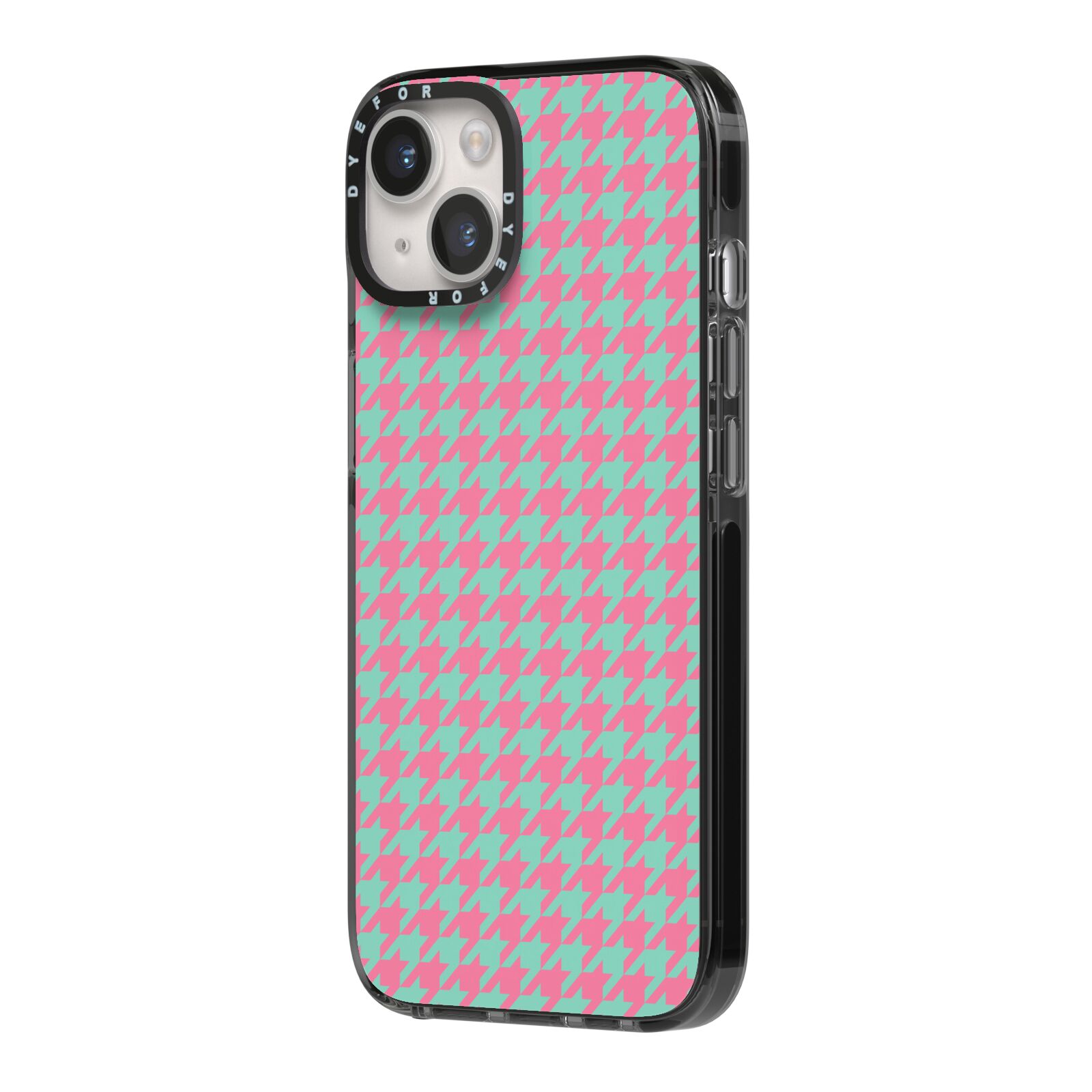 Pink Houndstooth iPhone 14 Black Impact Case Side Angle on Silver phone