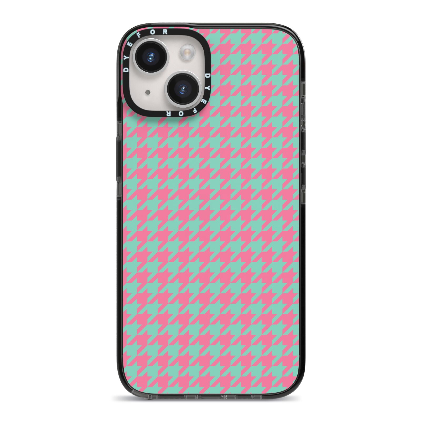 Pink Houndstooth iPhone 14 Black Impact Case on Silver phone