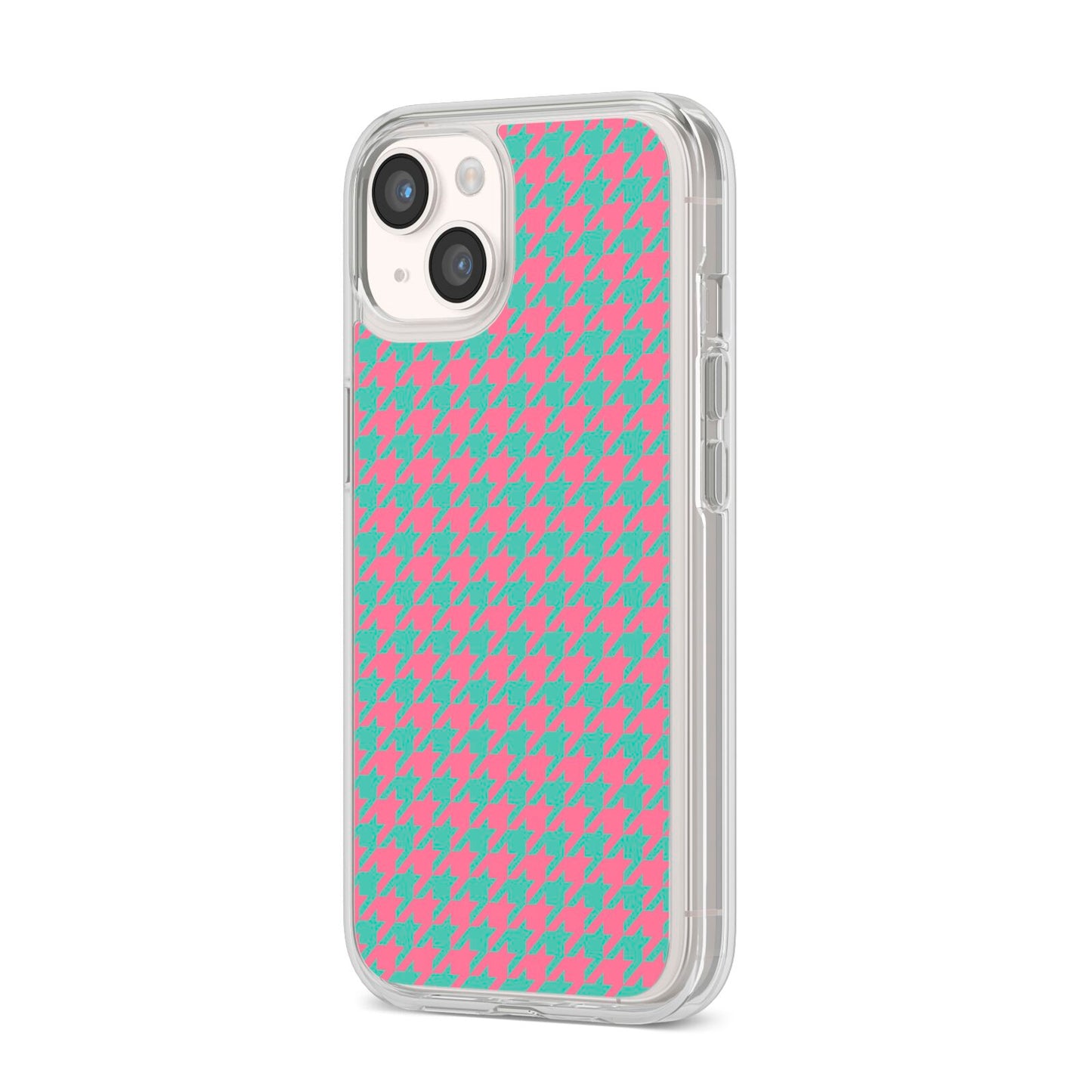 Pink Houndstooth iPhone 14 Clear Tough Case Starlight Angled Image