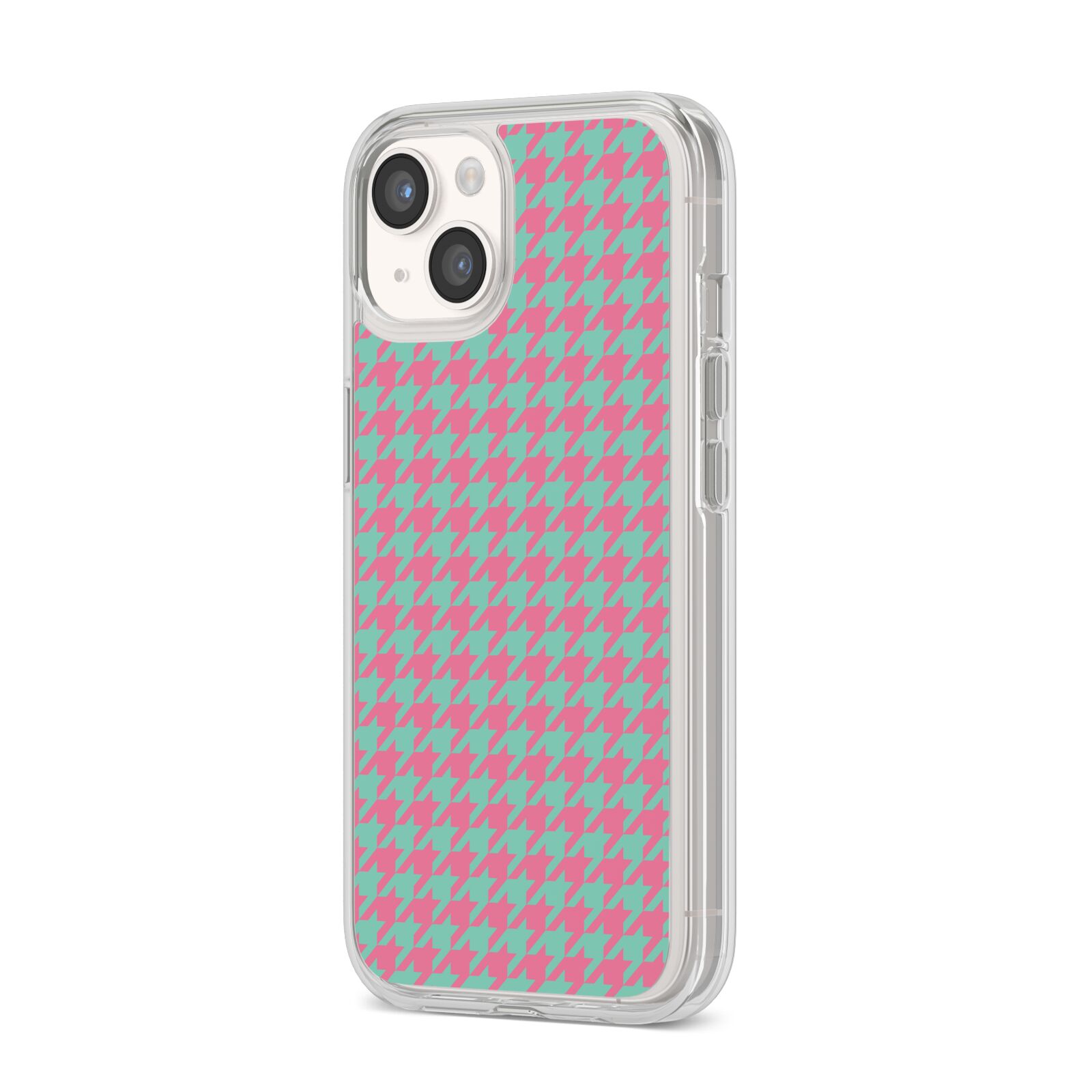 Pink Houndstooth iPhone 14 Clear Tough Case Starlight Angled Image