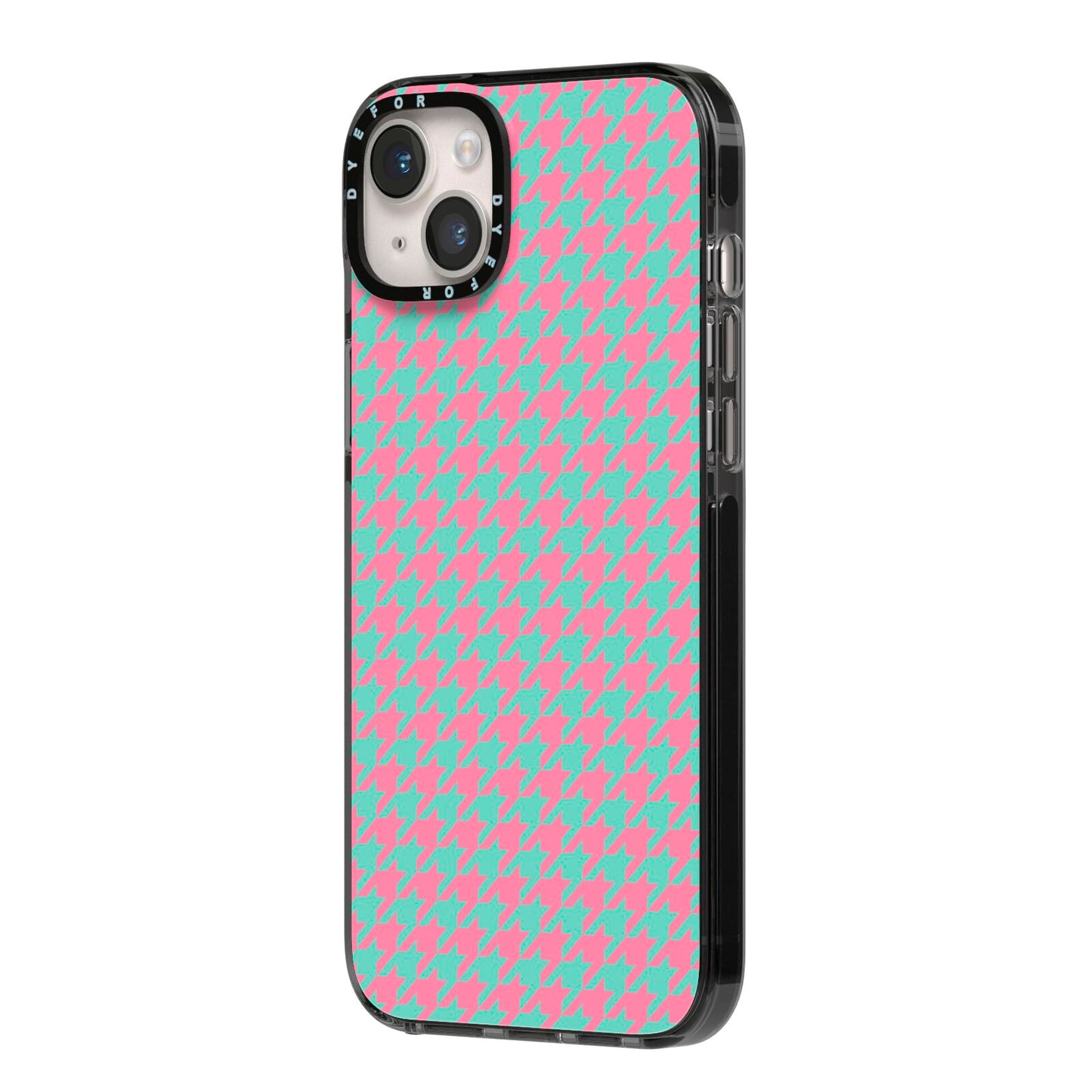 Pink Houndstooth iPhone 14 Plus Black Impact Case Side Angle on Silver phone