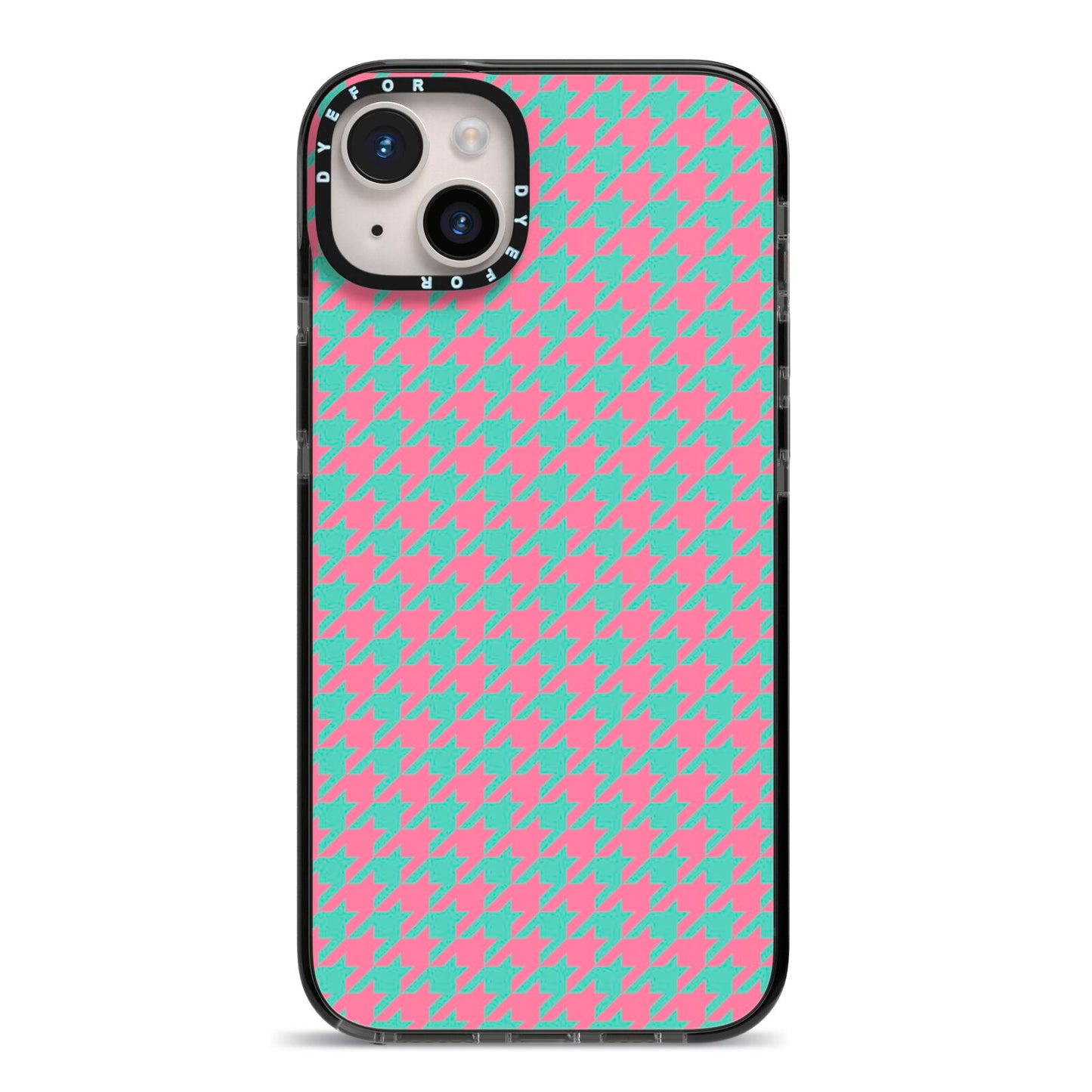 Pink Houndstooth iPhone 14 Plus Black Impact Case on Silver phone