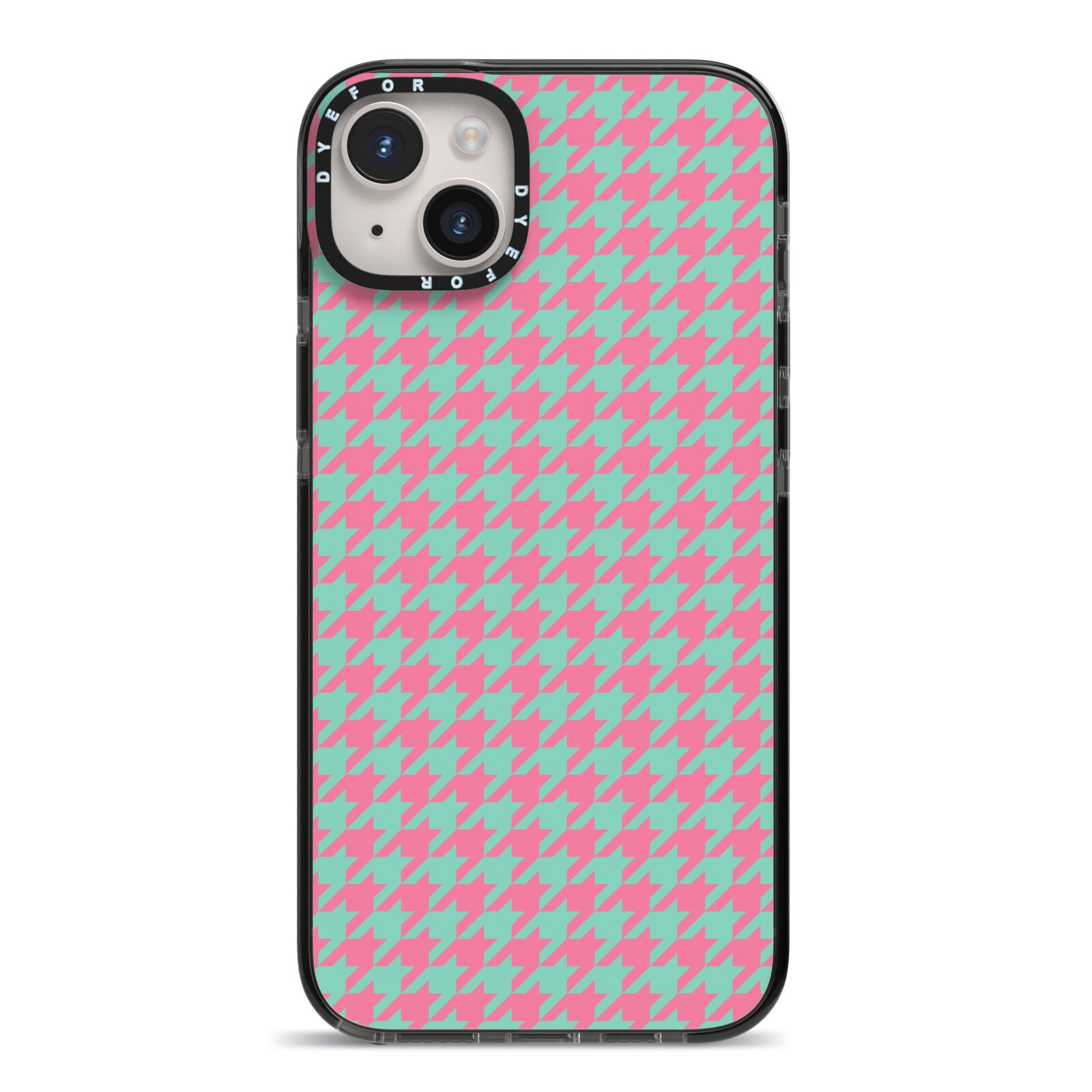 Pink Houndstooth iPhone 14 Plus Black Impact Case on Silver phone