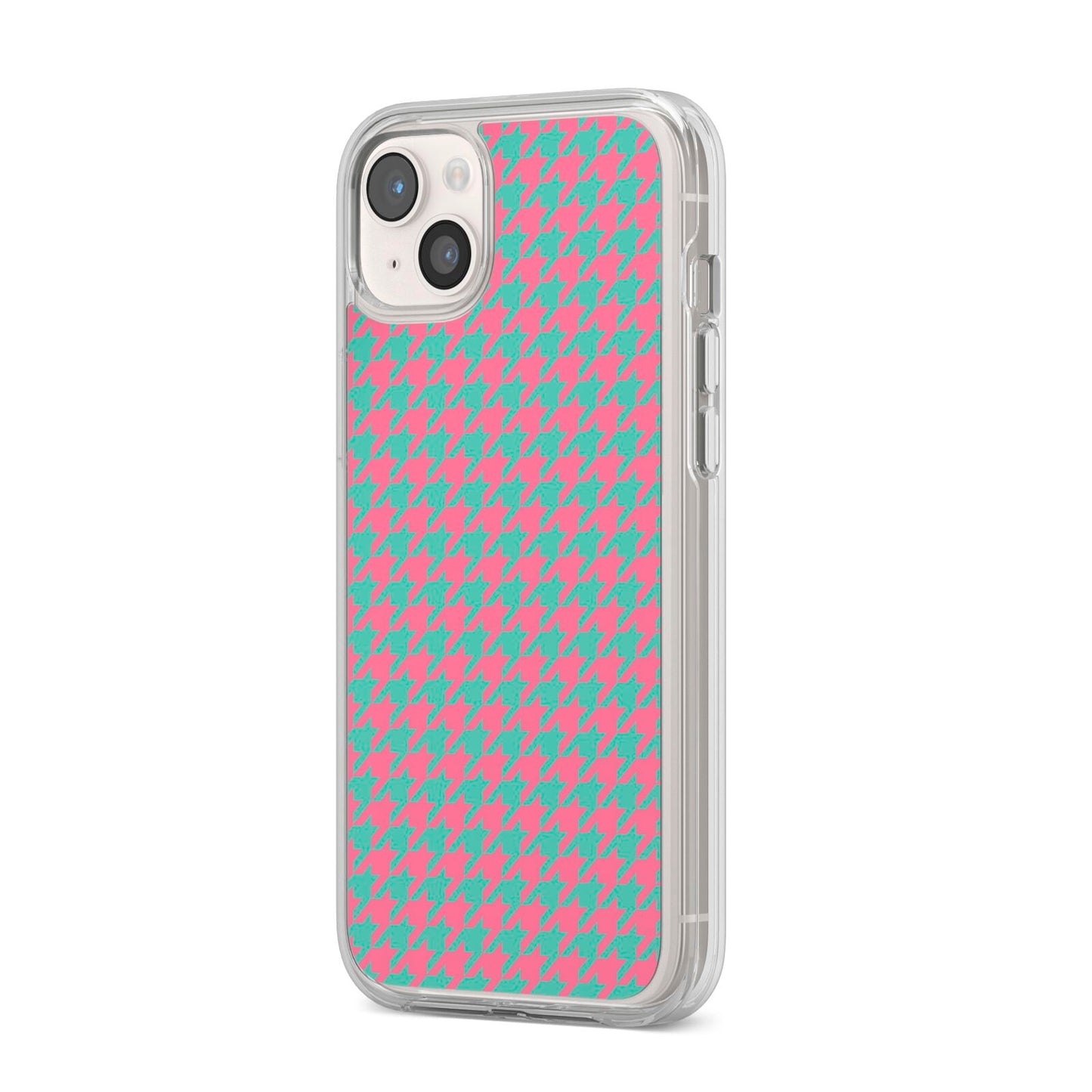 Pink Houndstooth iPhone 14 Plus Clear Tough Case Starlight Angled Image