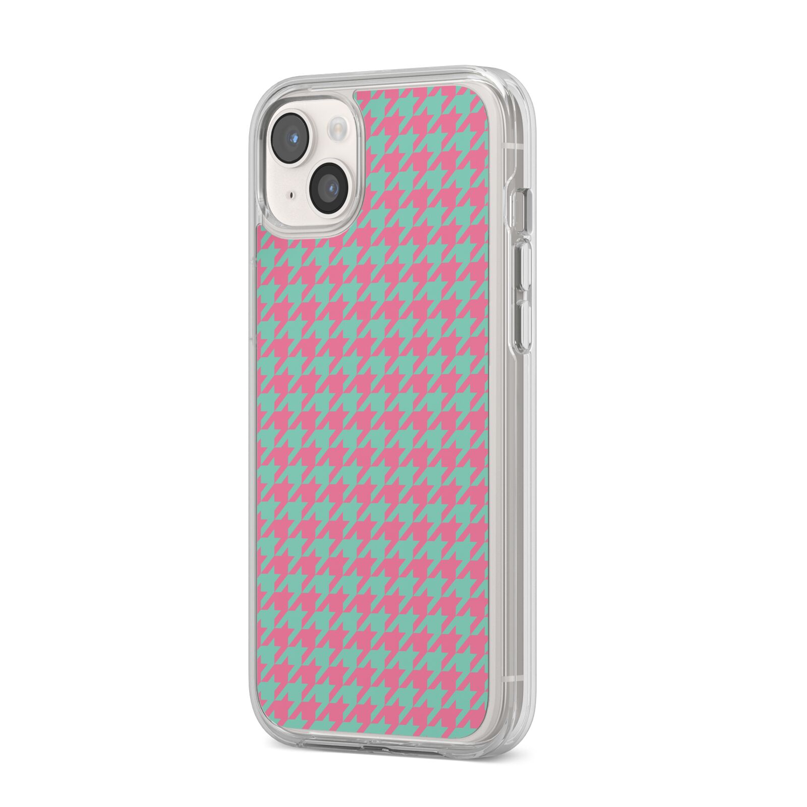 Pink Houndstooth iPhone 14 Plus Clear Tough Case Starlight Angled Image