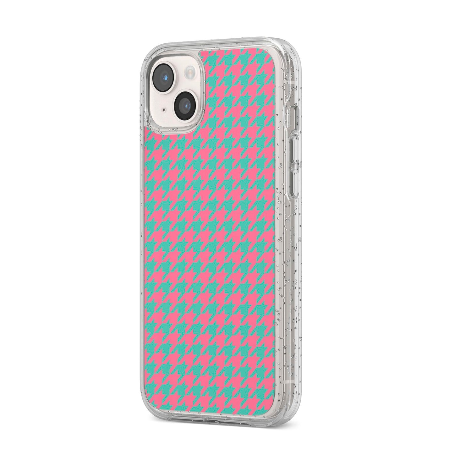 Pink Houndstooth iPhone 14 Plus Glitter Tough Case Starlight Angled Image