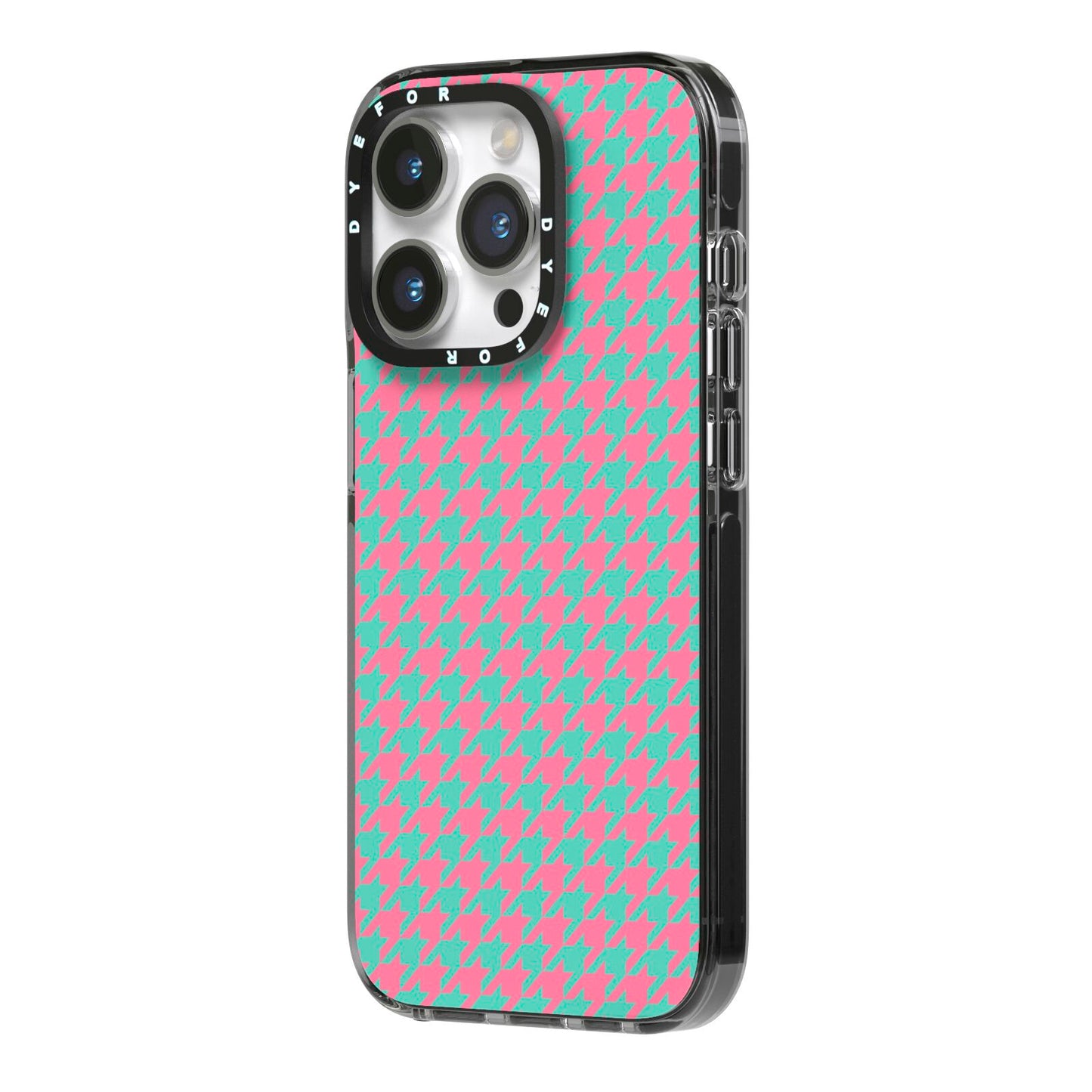 Pink Houndstooth iPhone 14 Pro Black Impact Case Side Angle on Silver phone