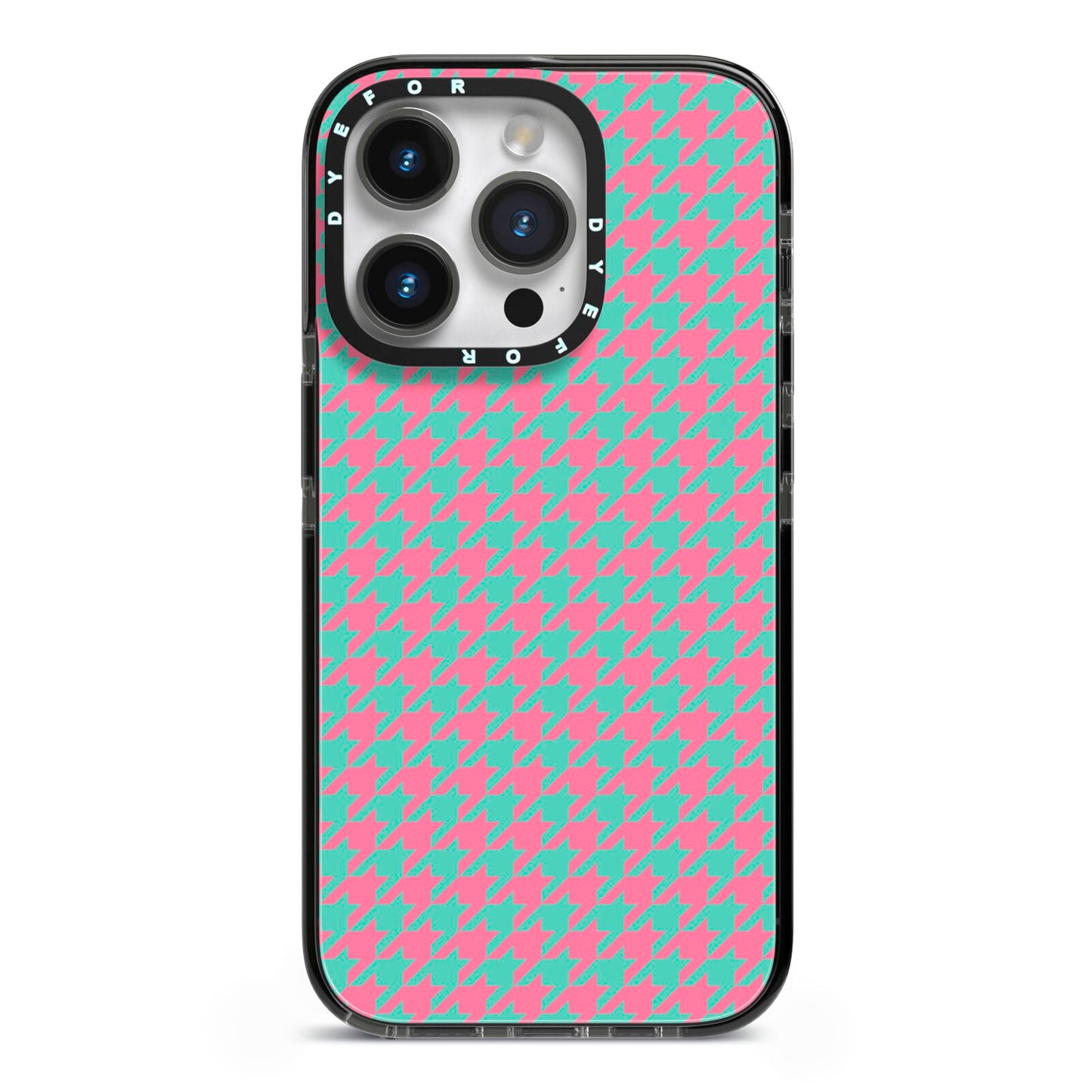 Pink Houndstooth iPhone 14 Pro Black Impact Case on Silver phone