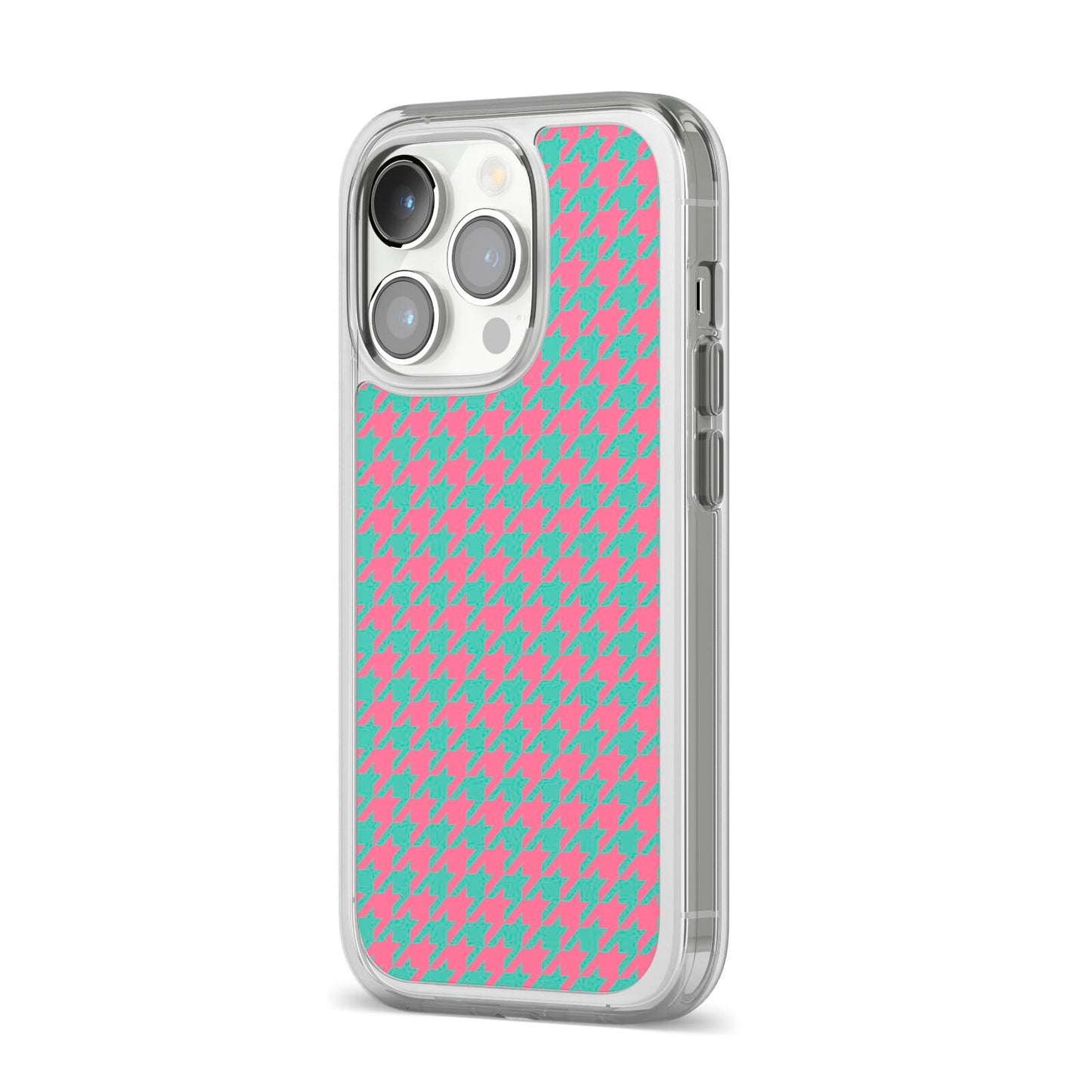 Pink Houndstooth iPhone 14 Pro Clear Tough Case Silver Angled Image