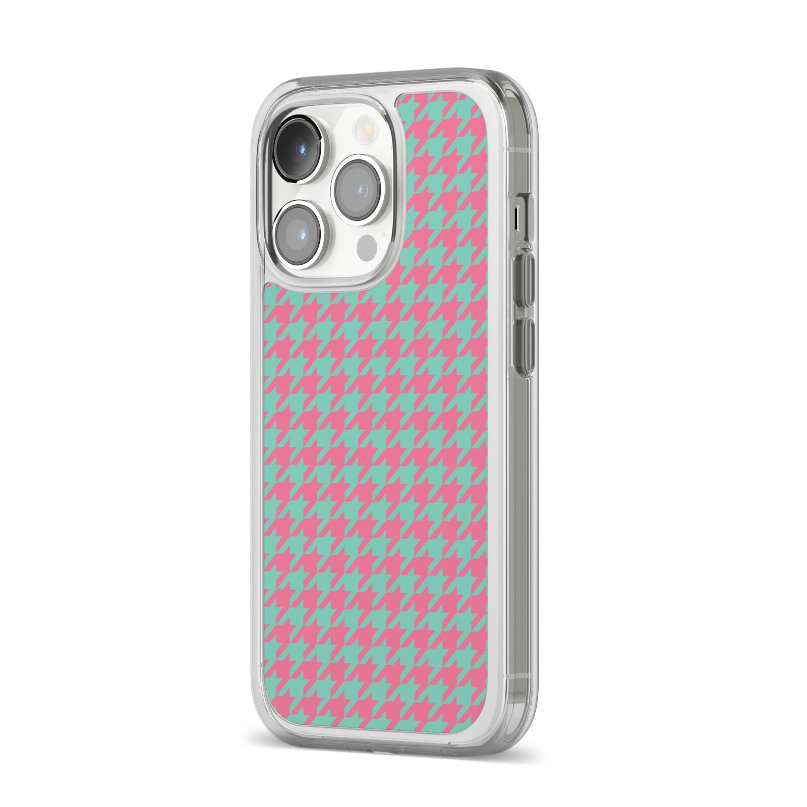 Pink Houndstooth iPhone 14 Pro Clear Tough Case Silver Angled Image