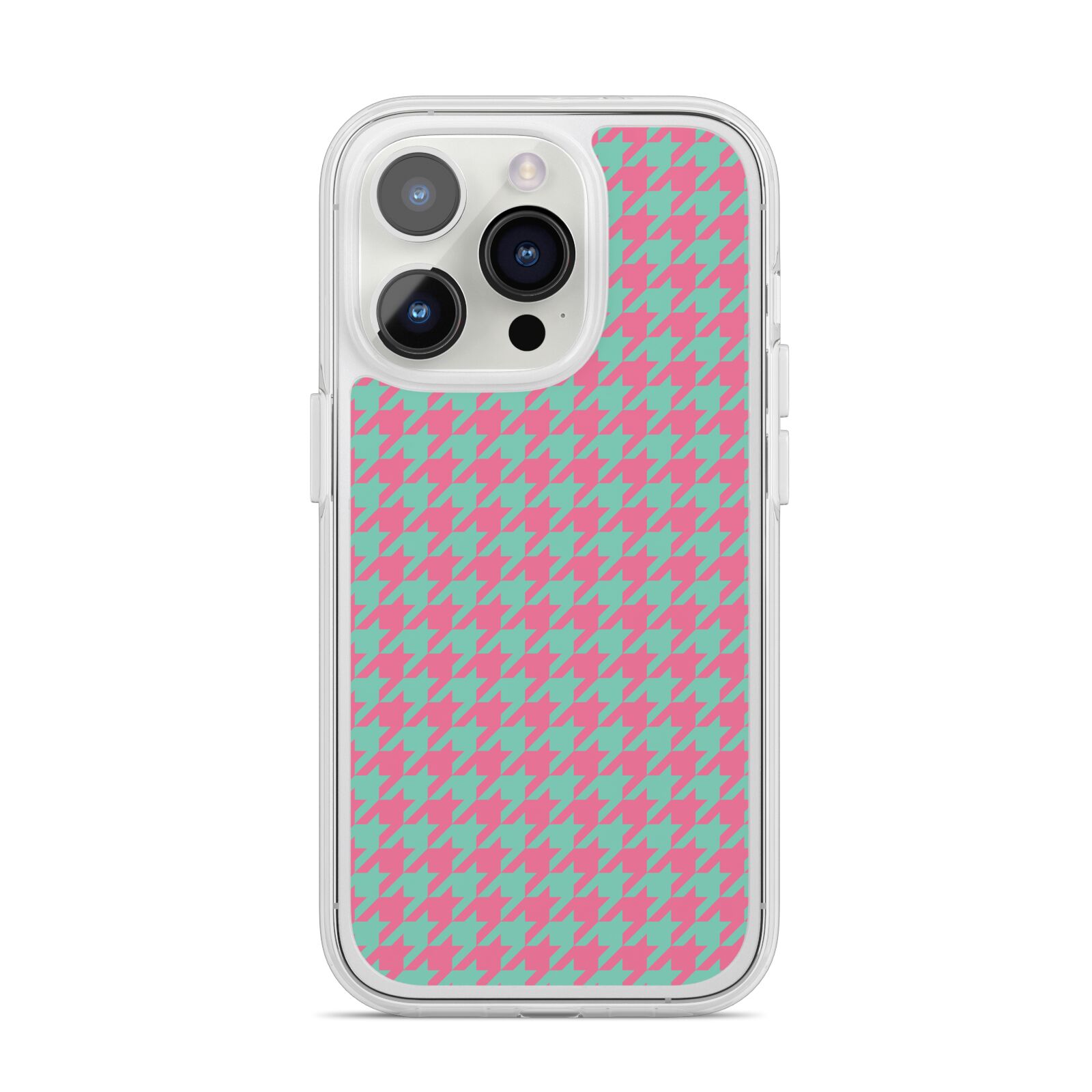 Pink Houndstooth iPhone 14 Pro Clear Tough Case Silver