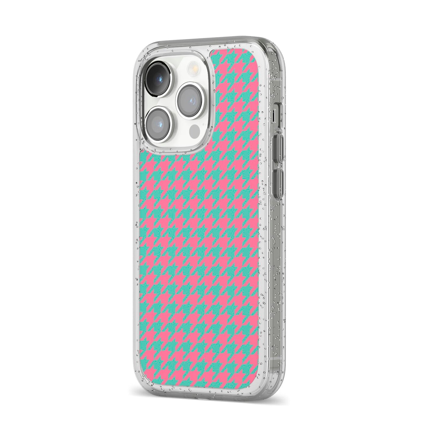 Pink Houndstooth iPhone 14 Pro Glitter Tough Case Silver Angled Image