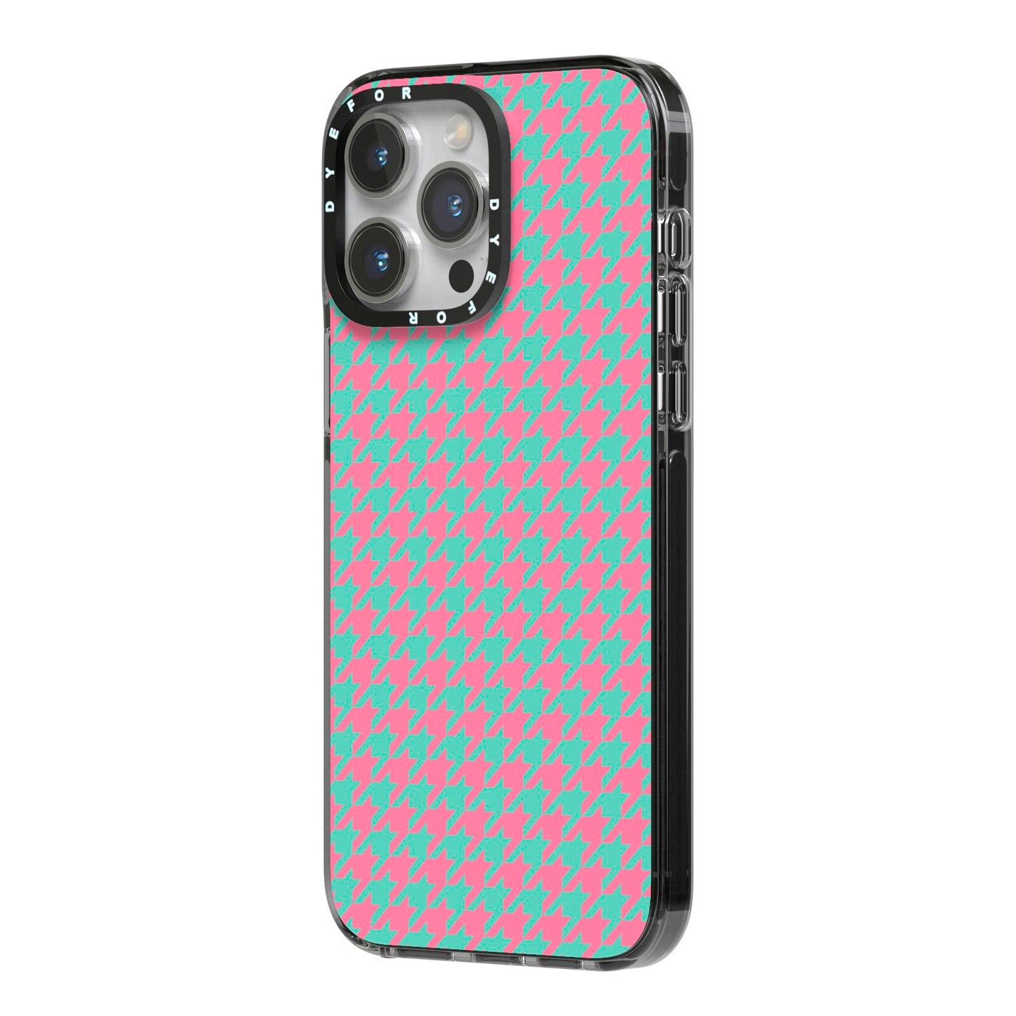 Pink Houndstooth iPhone 14 Pro Max Black Impact Case Side Angle on Silver phone