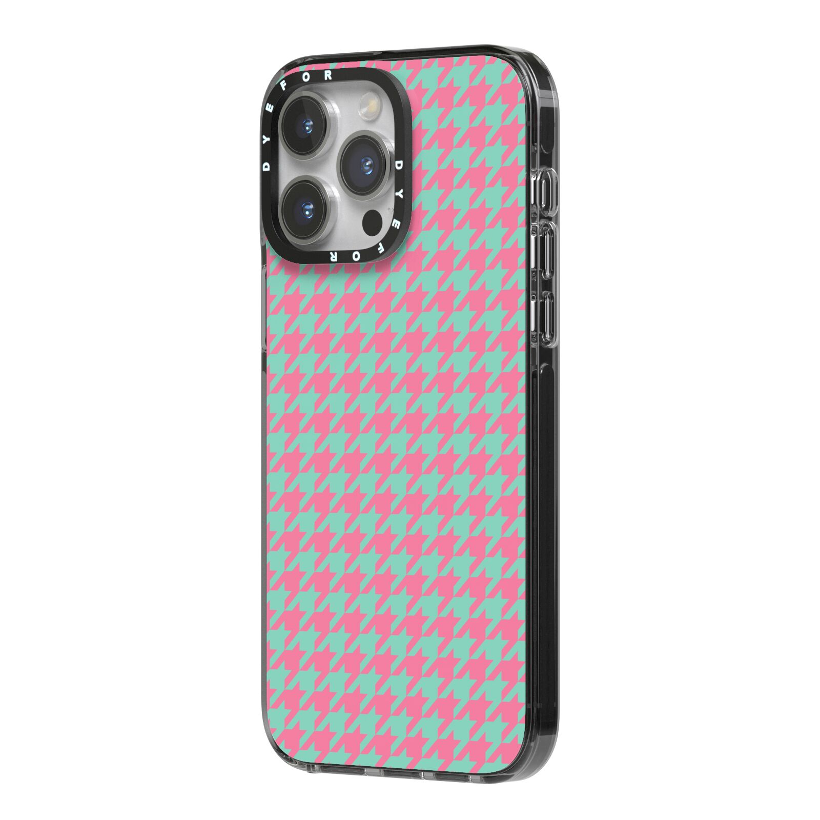 Pink Houndstooth iPhone 14 Pro Max Black Impact Case Side Angle on Silver phone