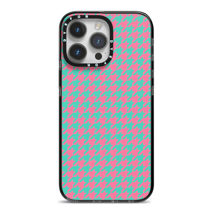 Pink Houndstooth iPhone 14 Pro Max Black Impact Case on Silver phone