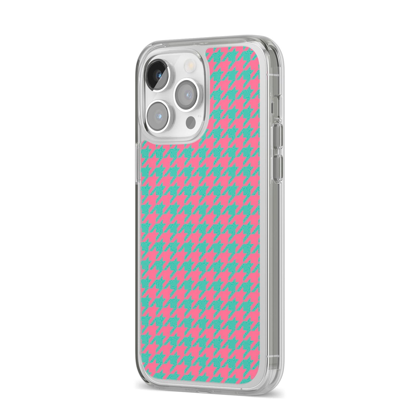 Pink Houndstooth iPhone 14 Pro Max Clear Tough Case Silver Angled Image