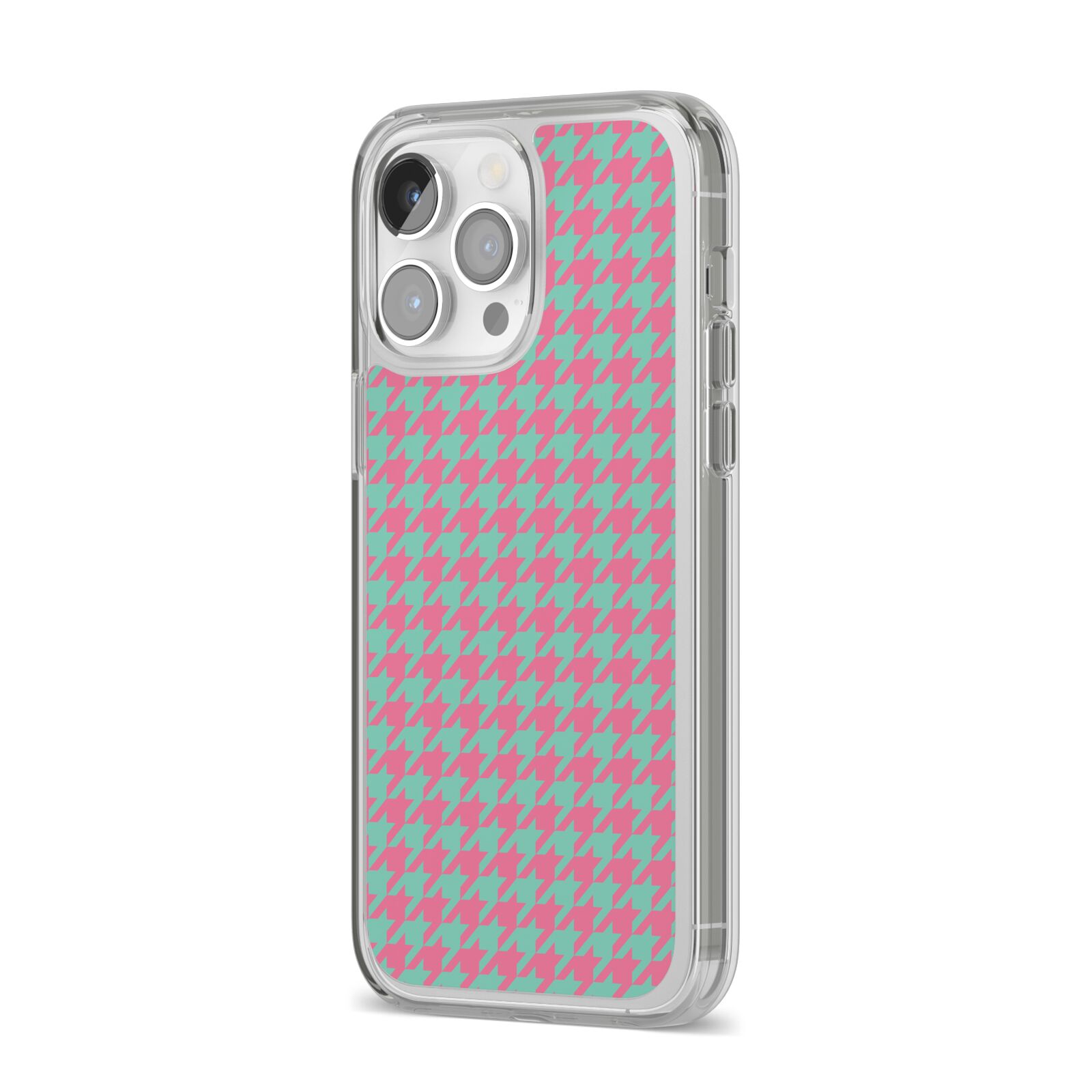 Pink Houndstooth iPhone 14 Pro Max Clear Tough Case Silver Angled Image