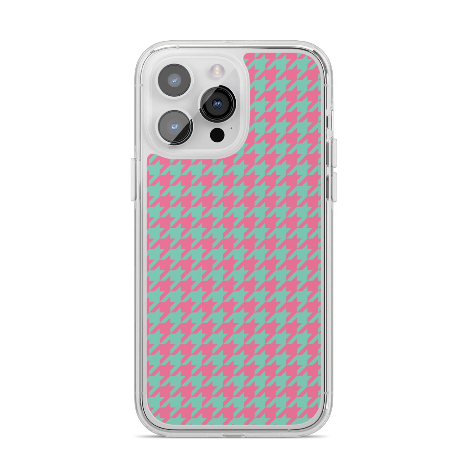 Pink Houndstooth iPhone 14 Pro Max Clear Tough Case Silver