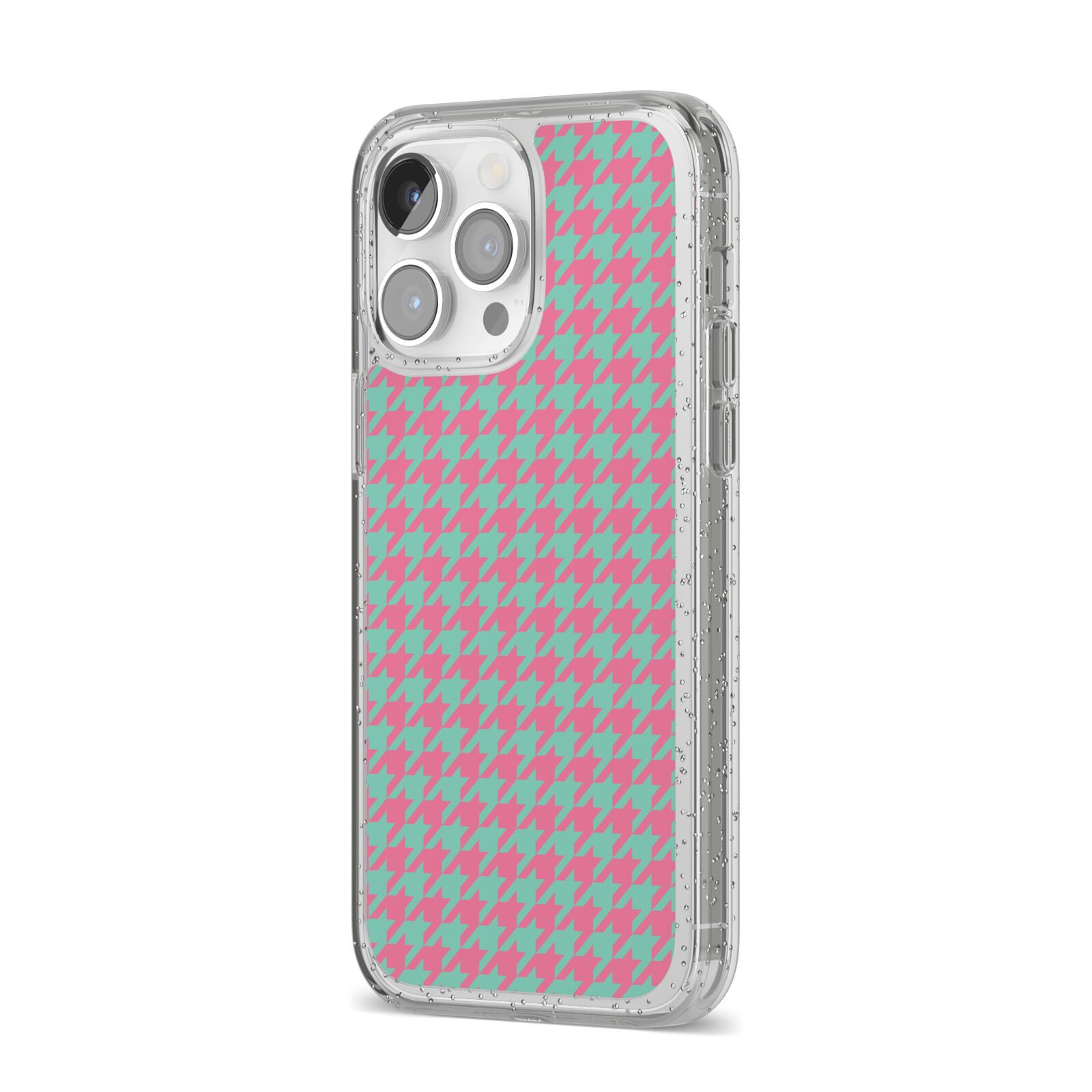 Pink Houndstooth iPhone 14 Pro Max Glitter Tough Case Silver Angled Image