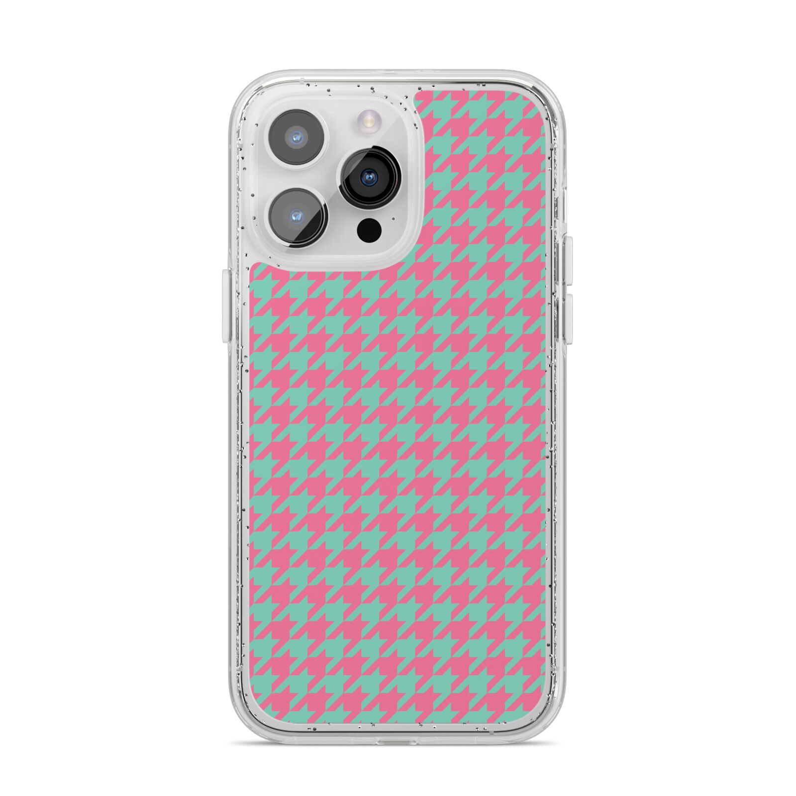 Pink Houndstooth iPhone 14 Pro Max Glitter Tough Case Silver