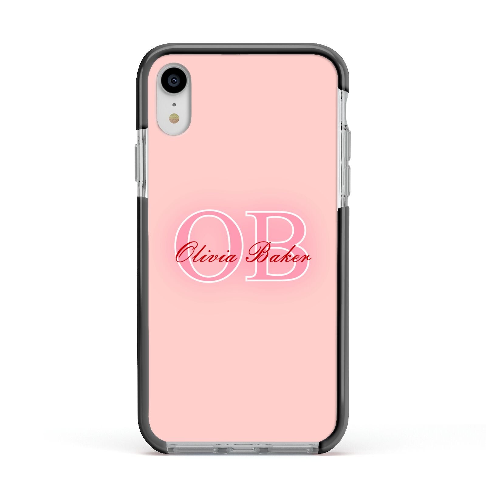 Pink Initials Personalised Apple iPhone XR Impact Case Black Edge on Silver Phone