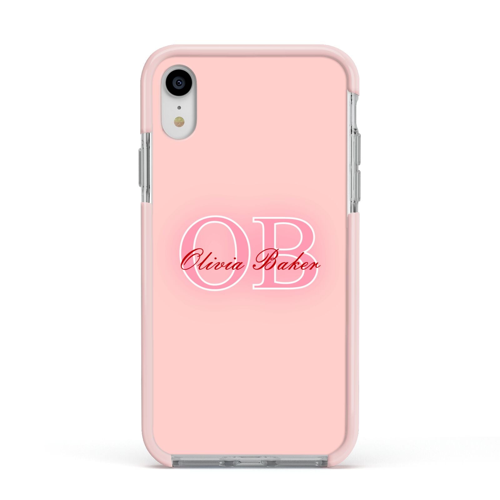 Pink Initials Personalised Apple iPhone XR Impact Case Pink Edge on Silver Phone