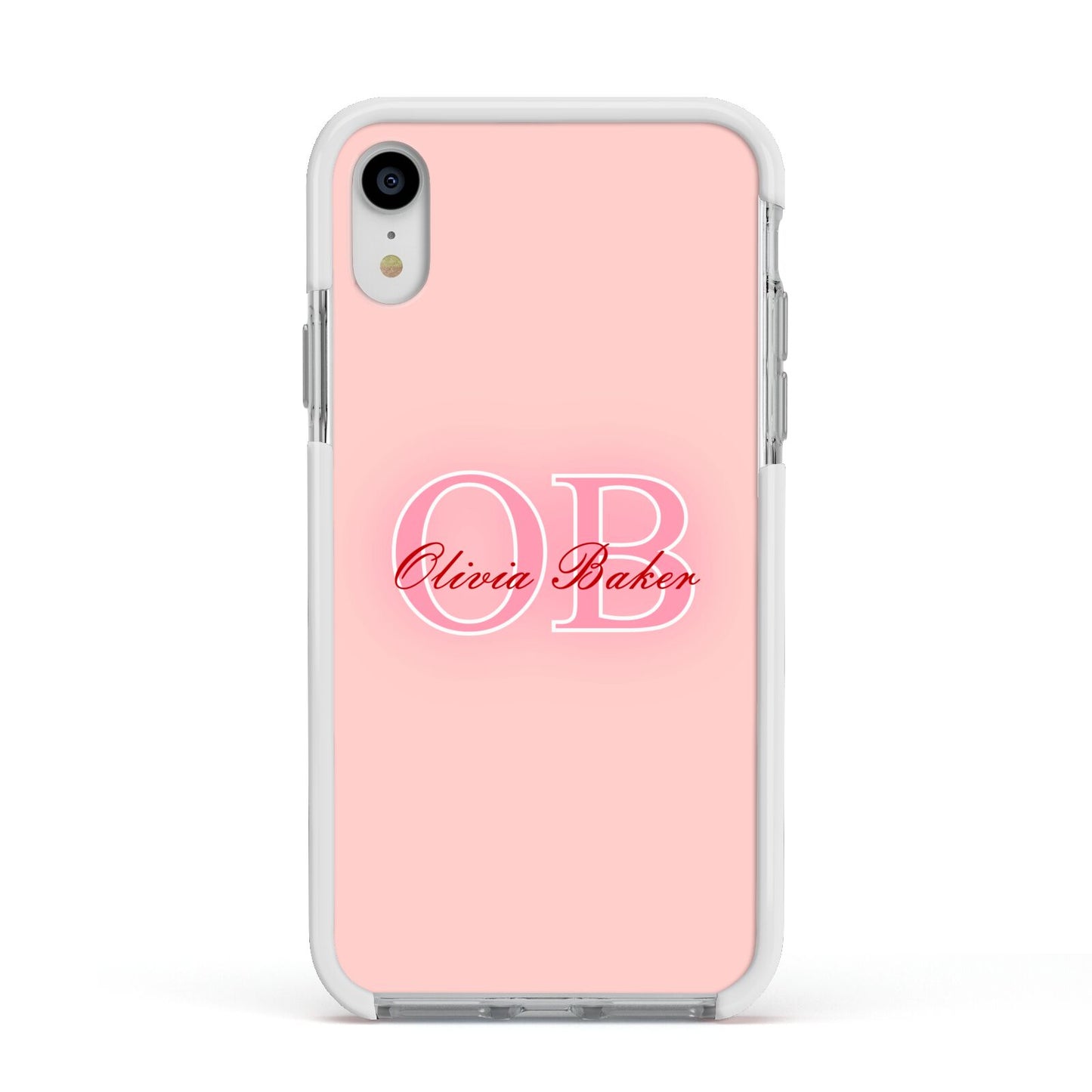 Pink Initials Personalised Apple iPhone XR Impact Case White Edge on Silver Phone