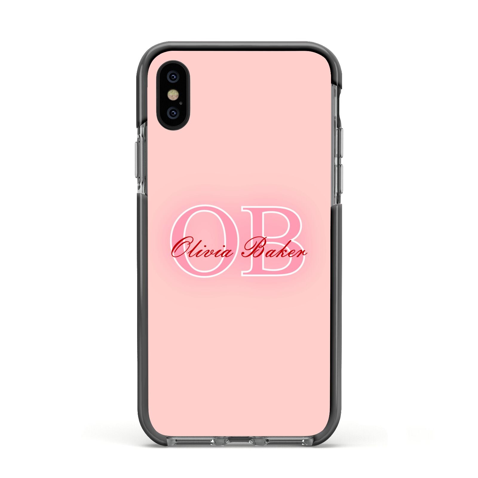 Pink Initials Personalised Apple iPhone Xs Impact Case Black Edge on Black Phone