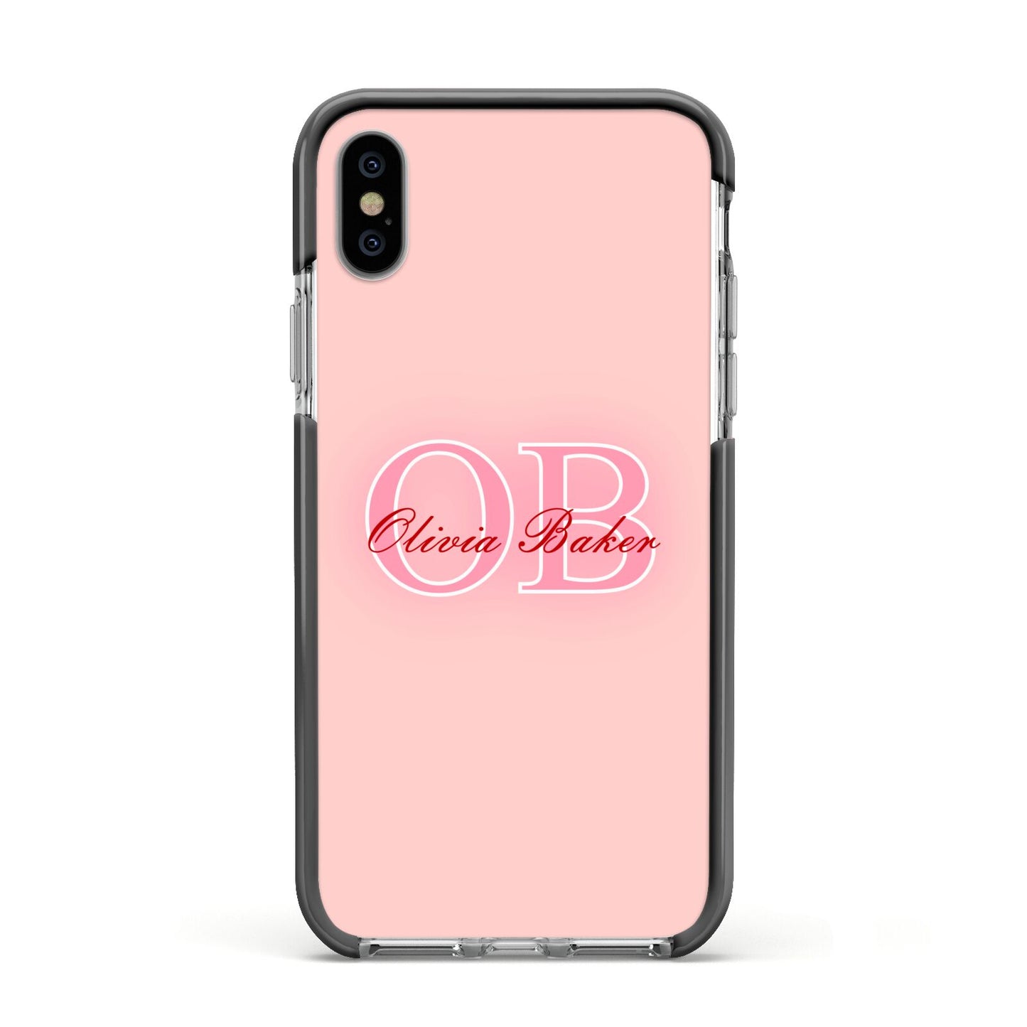 Pink Initials Personalised Apple iPhone Xs Impact Case Black Edge on Silver Phone