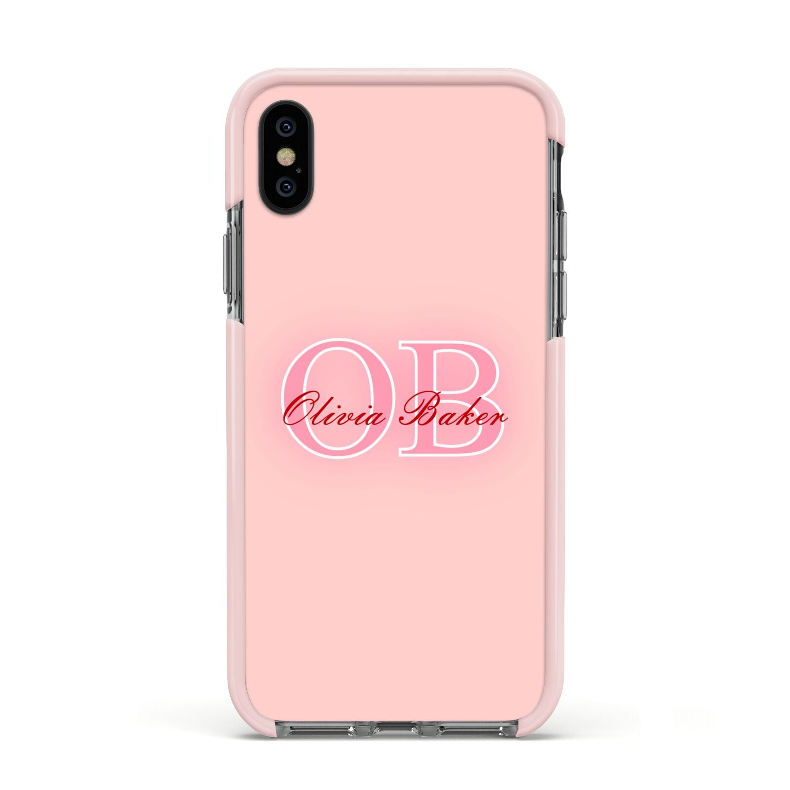 Pink Initials Personalised Apple iPhone Xs Impact Case Pink Edge on Black Phone