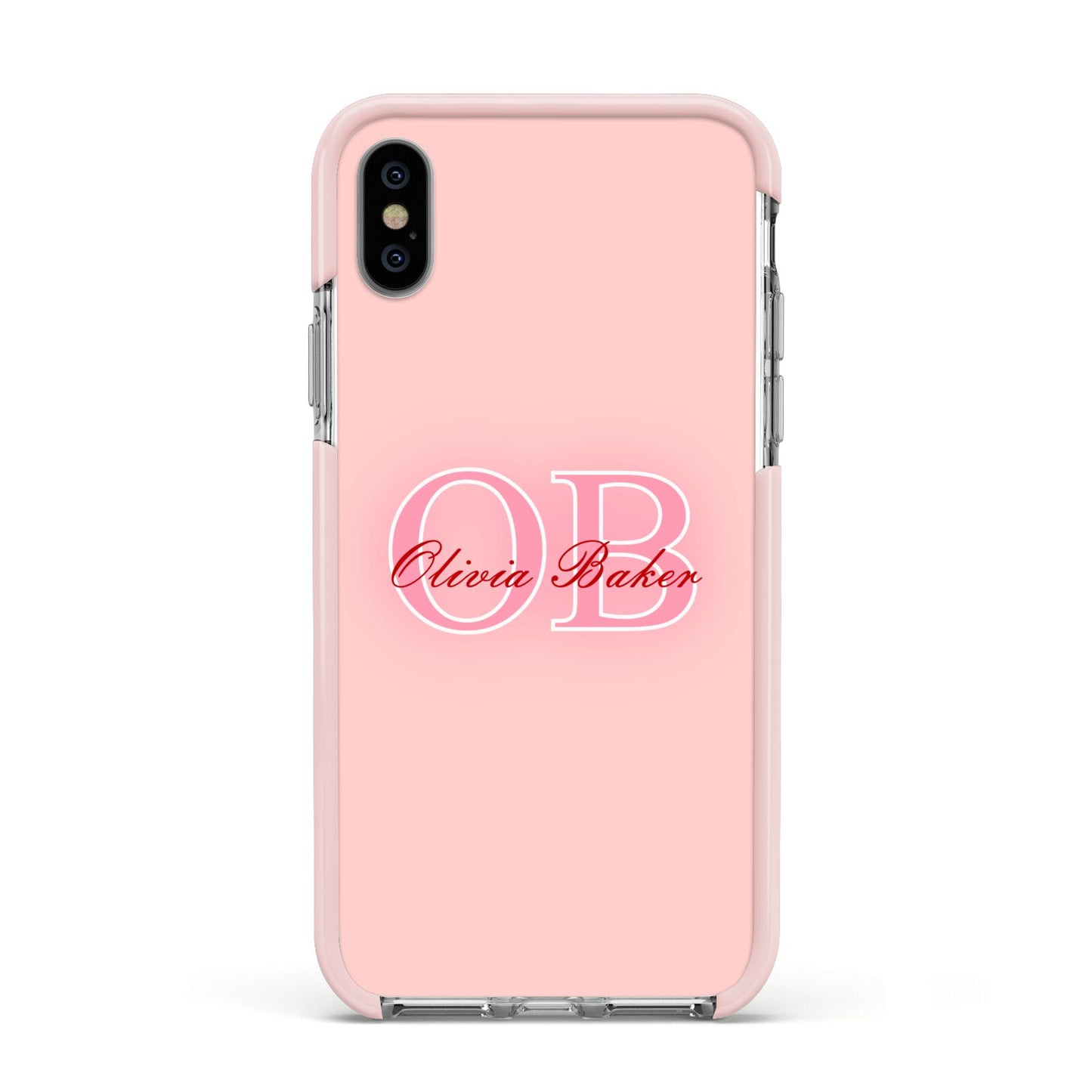 Pink Initials Personalised Apple iPhone Xs Impact Case Pink Edge on Silver Phone