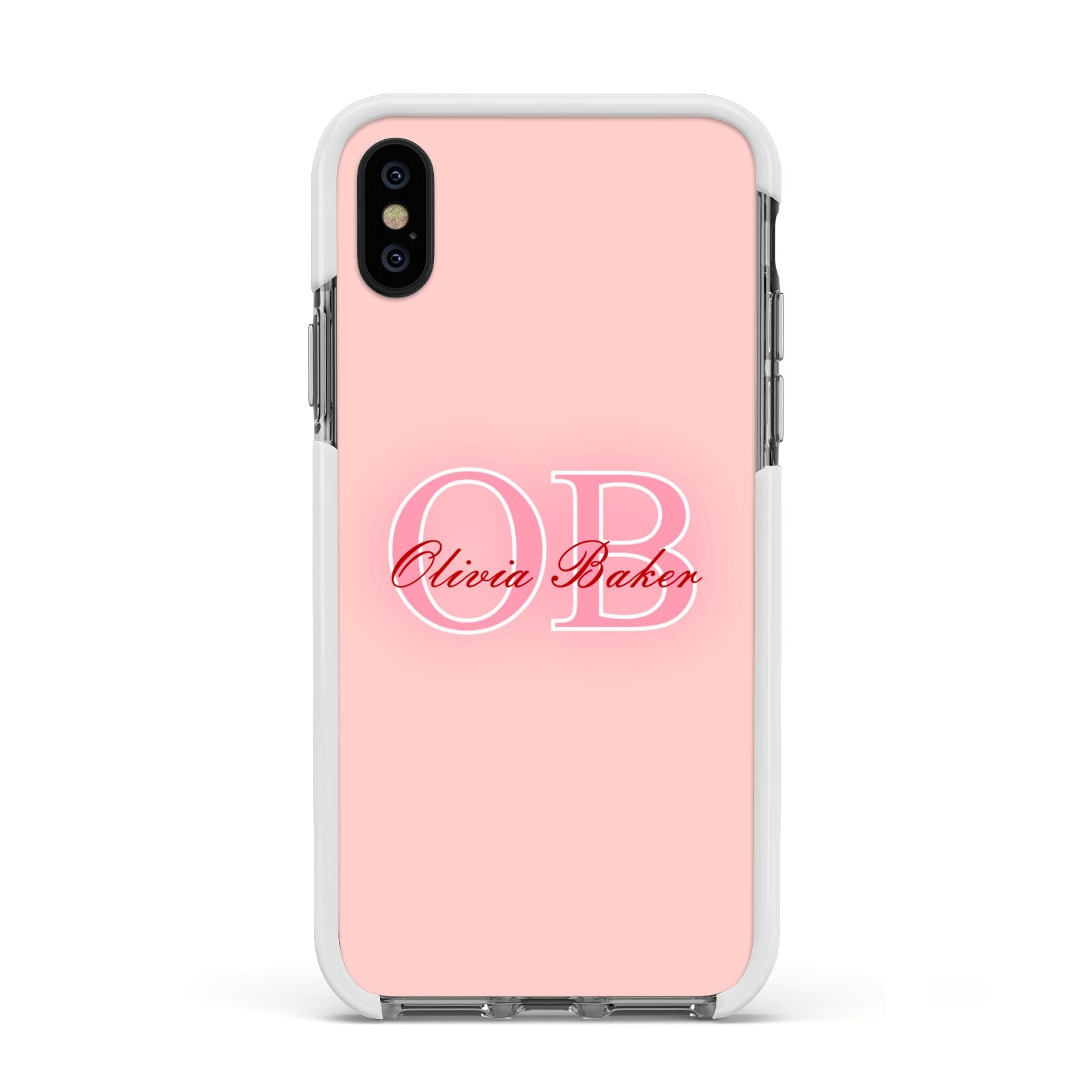 Pink Initials Personalised Apple iPhone Xs Impact Case White Edge on Black Phone