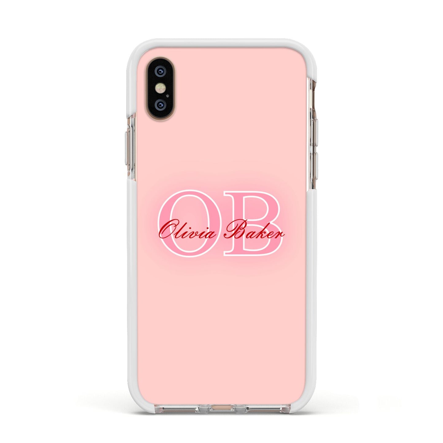 Pink Initials Personalised Apple iPhone Xs Impact Case White Edge on Gold Phone