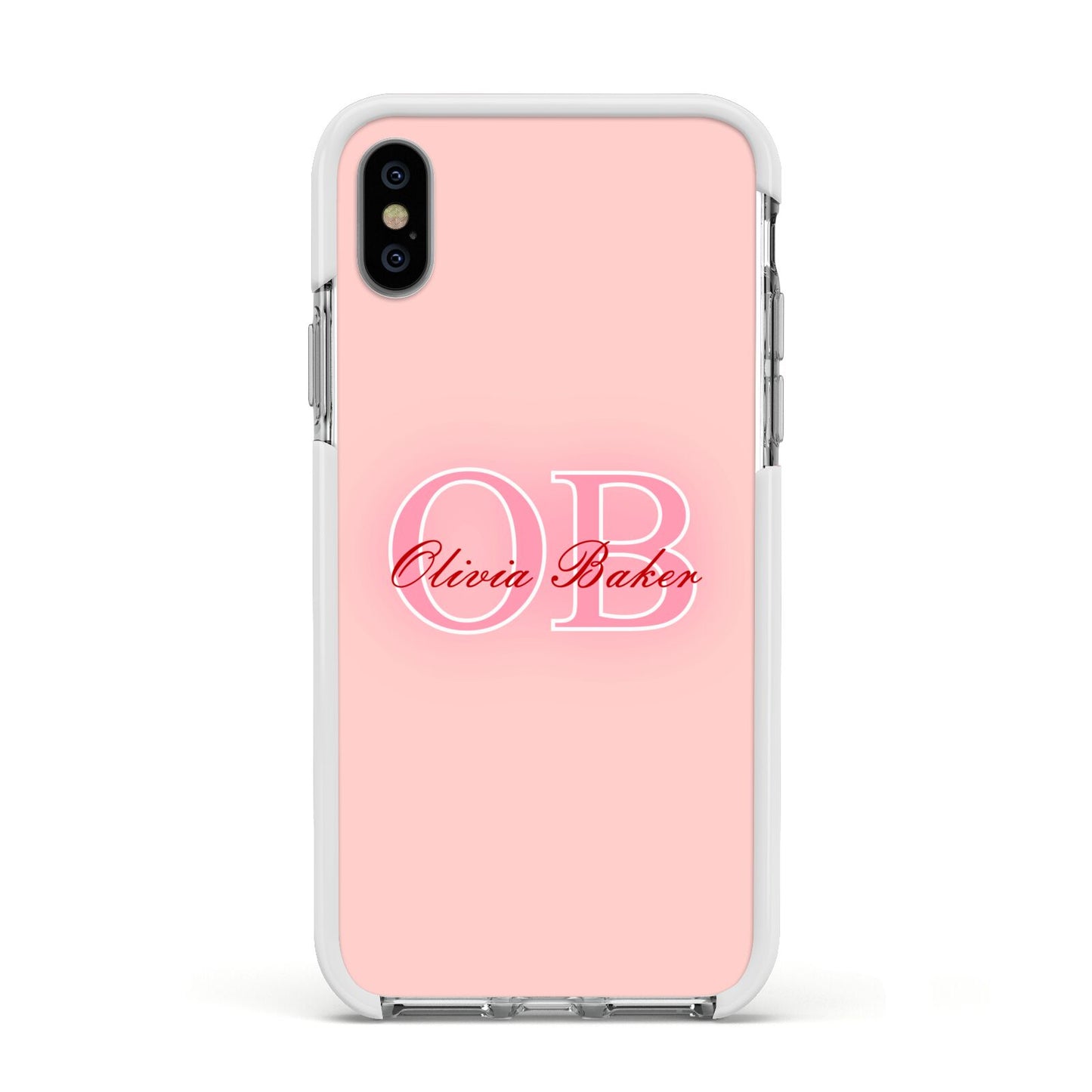 Pink Initials Personalised Apple iPhone Xs Impact Case White Edge on Silver Phone