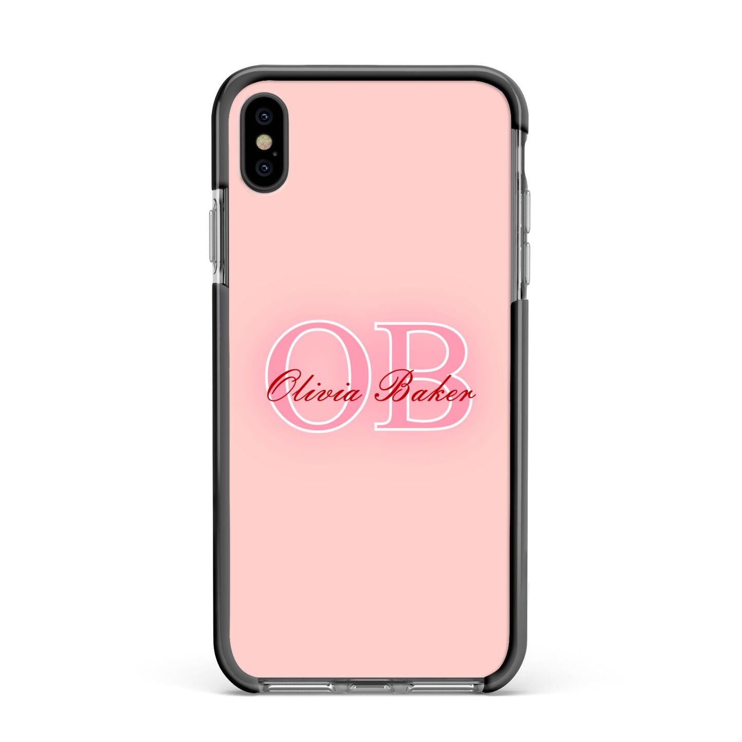 Pink Initials Personalised Apple iPhone Xs Max Impact Case Black Edge on Black Phone