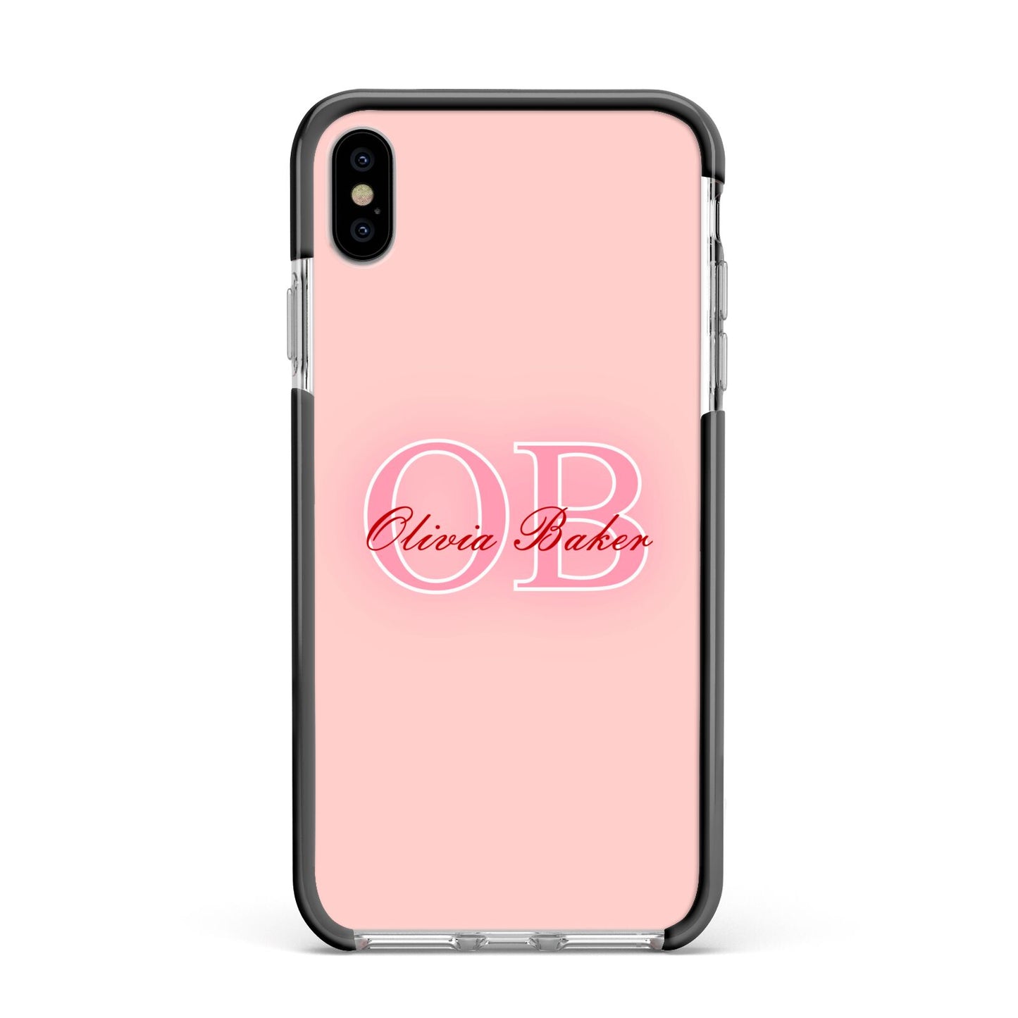 Pink Initials Personalised Apple iPhone Xs Max Impact Case Black Edge on Silver Phone