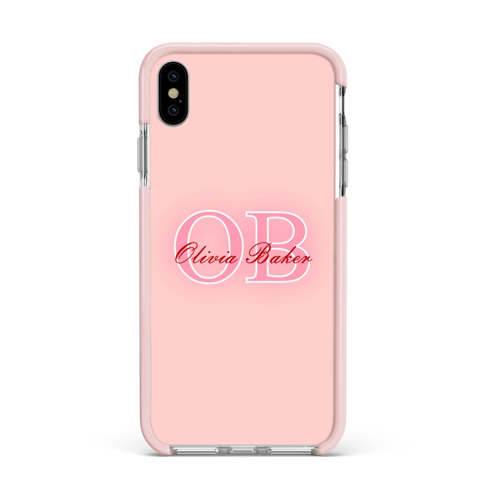 Pink Initials Personalised Apple iPhone Xs Max Impact Case Pink Edge on Silver Phone