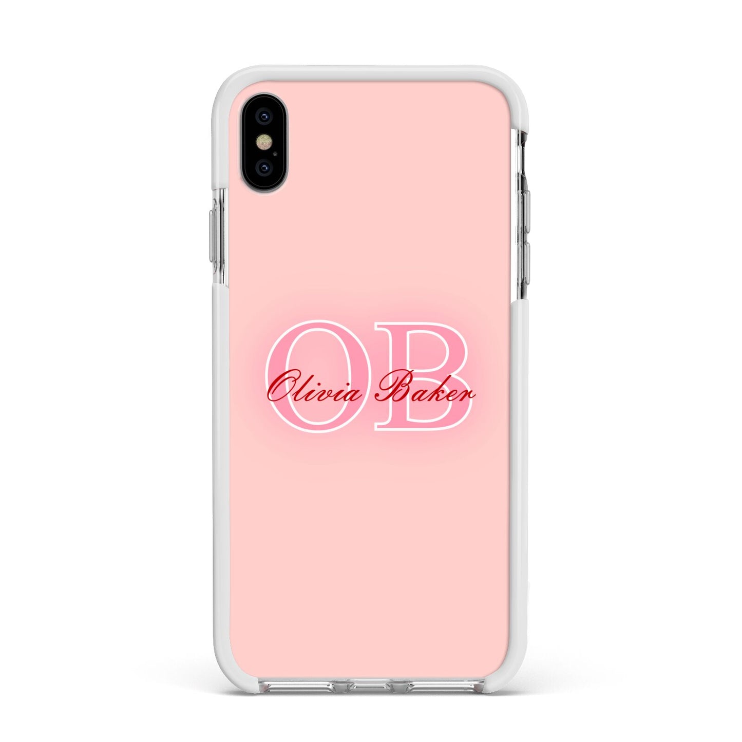 Pink Initials Personalised Apple iPhone Xs Max Impact Case White Edge on Silver Phone