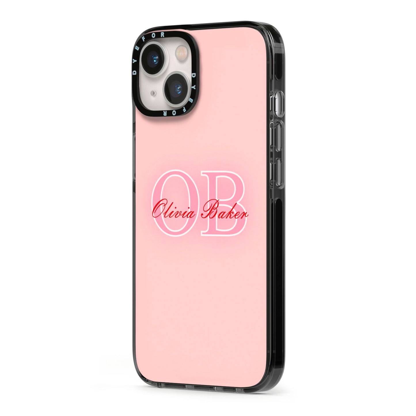 Pink Initials Personalised iPhone 13 Black Impact Case Side Angle on Silver phone