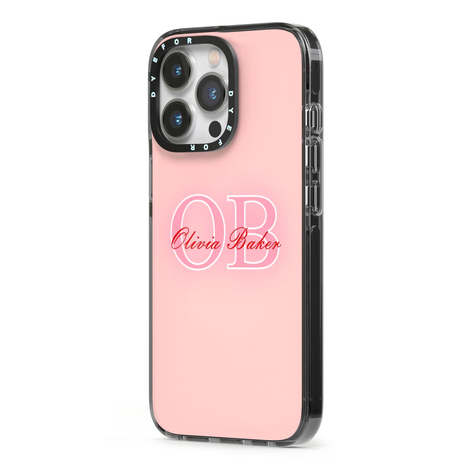 Pink Initials Personalised iPhone 13 Pro Black Impact Case Side Angle on Silver phone