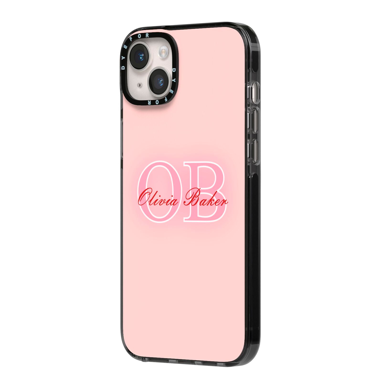 Pink Initials Personalised iPhone 14 Plus Black Impact Case Side Angle on Silver phone