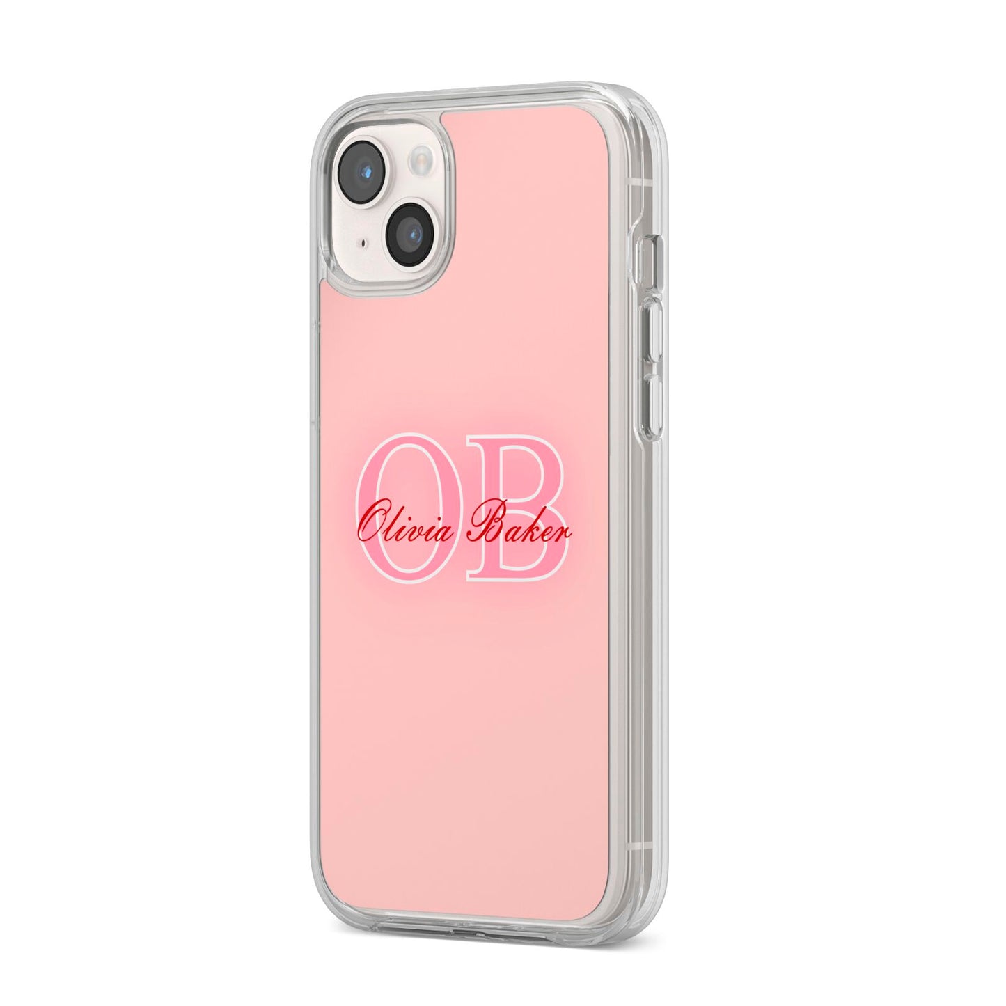 Pink Initials Personalised iPhone 14 Plus Clear Tough Case Starlight Angled Image