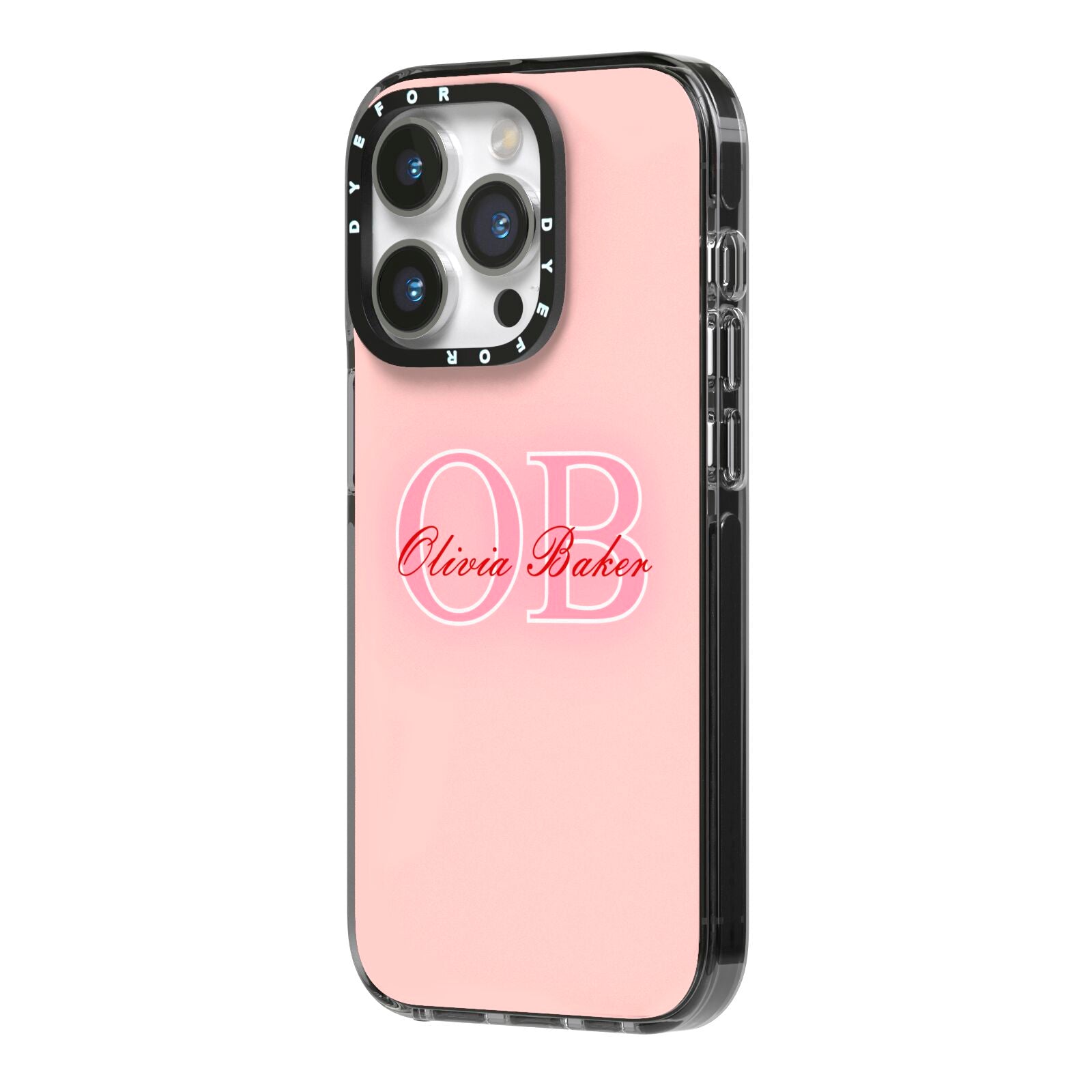 Pink Initials Personalised iPhone 14 Pro Black Impact Case Side Angle on Silver phone