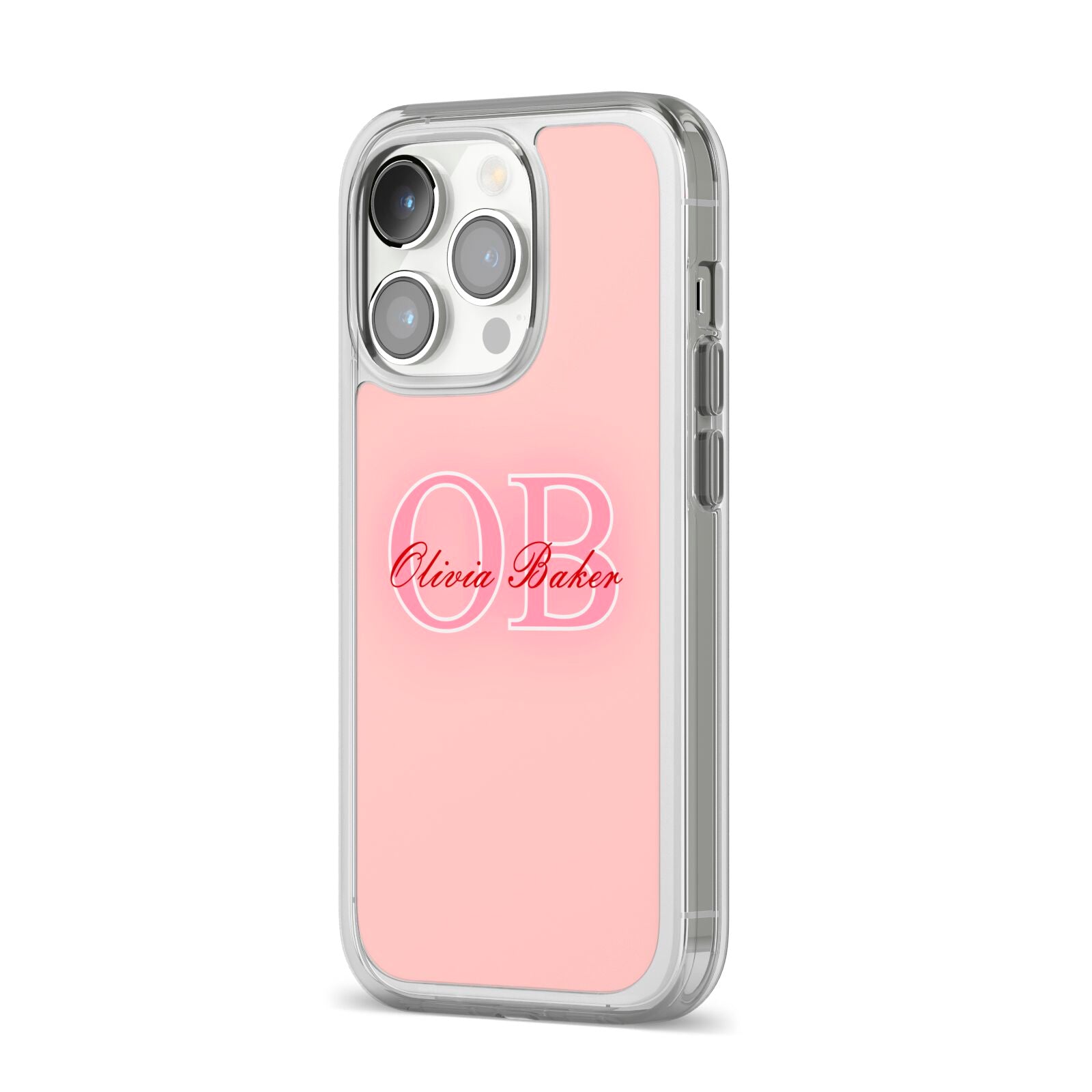 Pink Initials Personalised iPhone 14 Pro Clear Tough Case Silver Angled Image