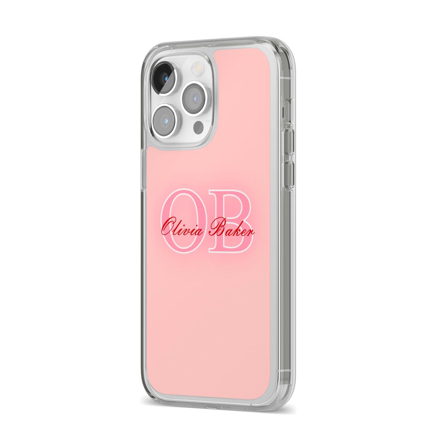 Pink Initials Personalised iPhone 14 Pro Max Clear Tough Case Silver Angled Image