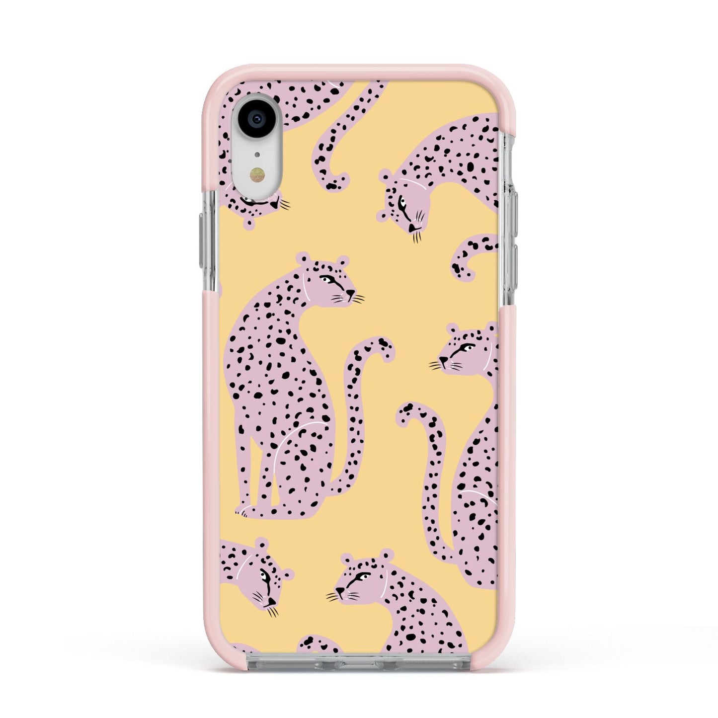 Pink Leopards Apple iPhone XR Impact Case Pink Edge on Silver Phone